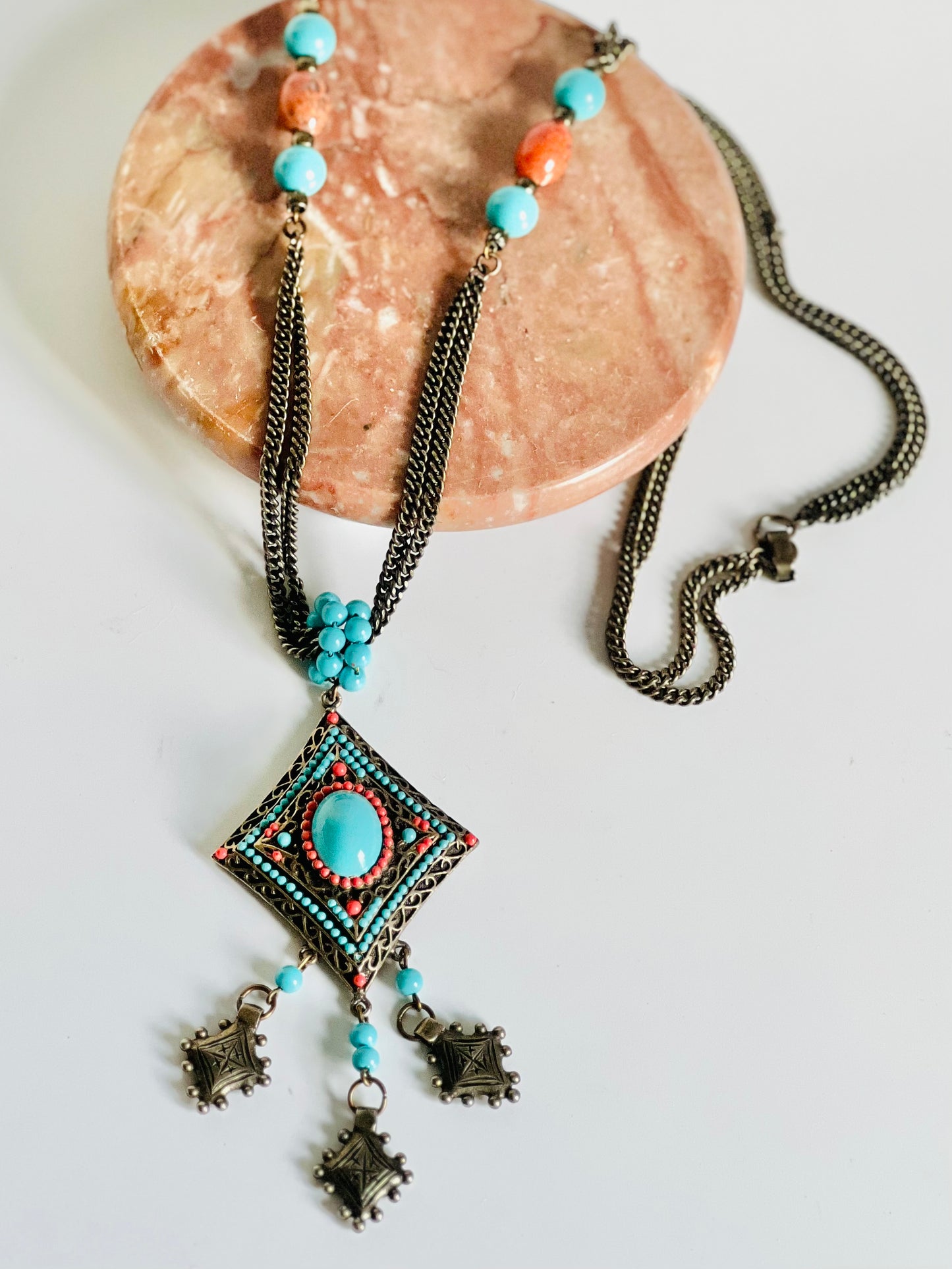 Vintage 1970s Signed Hobe Faux Turquoise and Coral Necklace