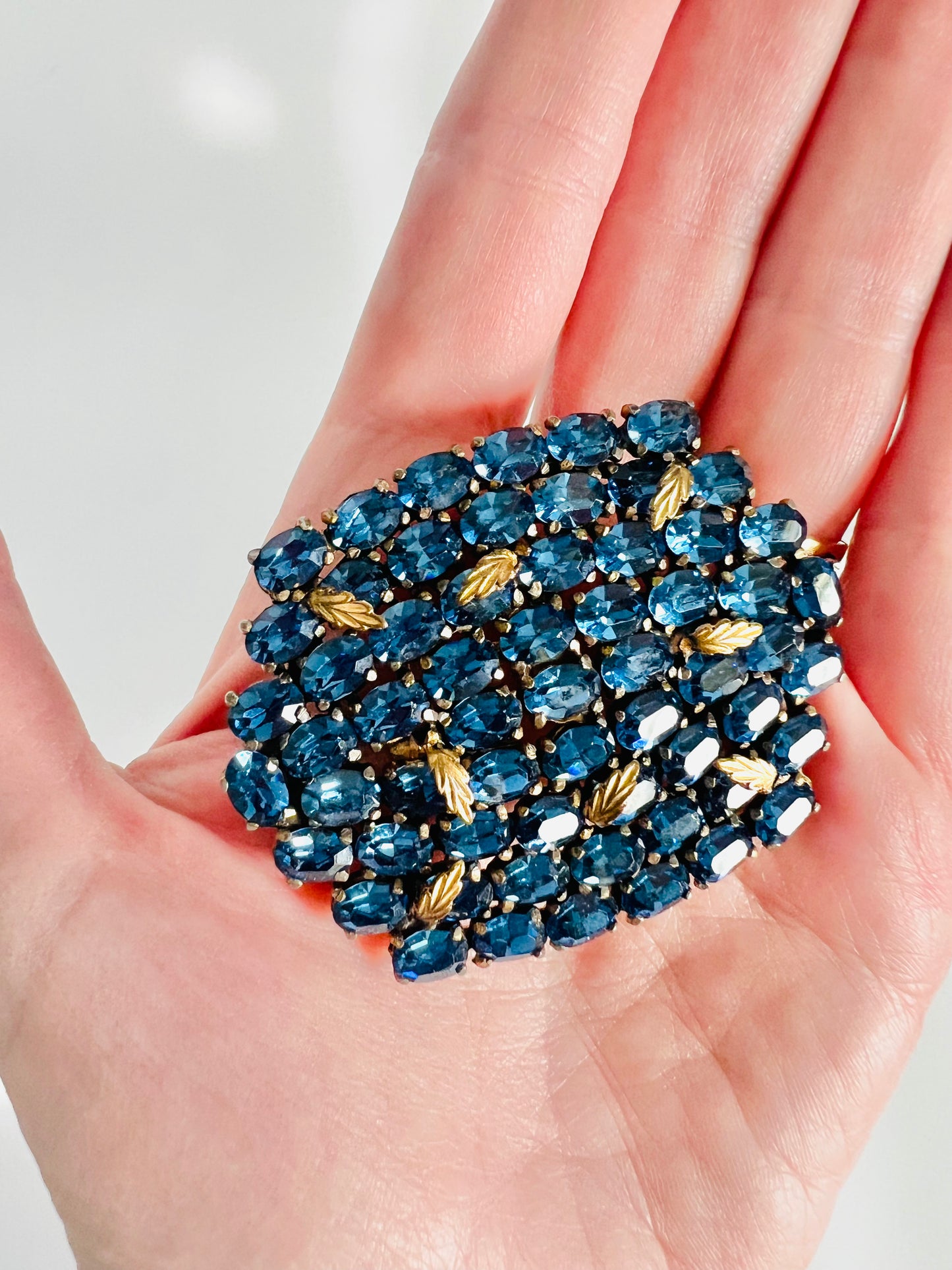 Vintage 1940s Massive Blue Glass Faceted Stones Brass Leaves Brooch Pin