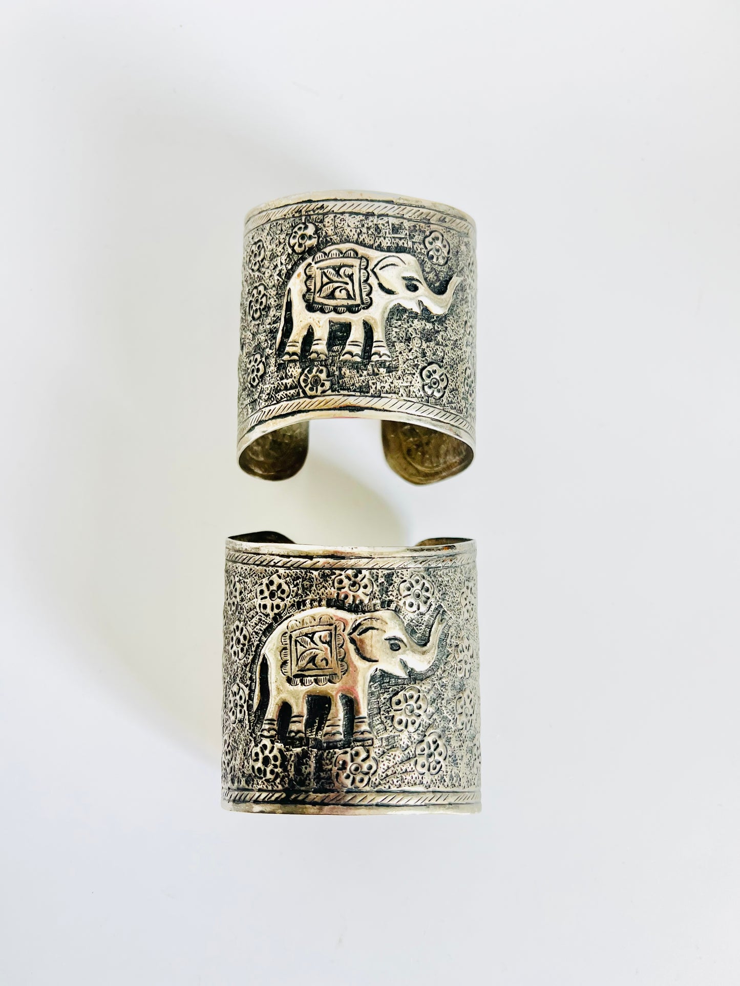Vintage Silver Tone Elephant Wide Cuff Bracelet