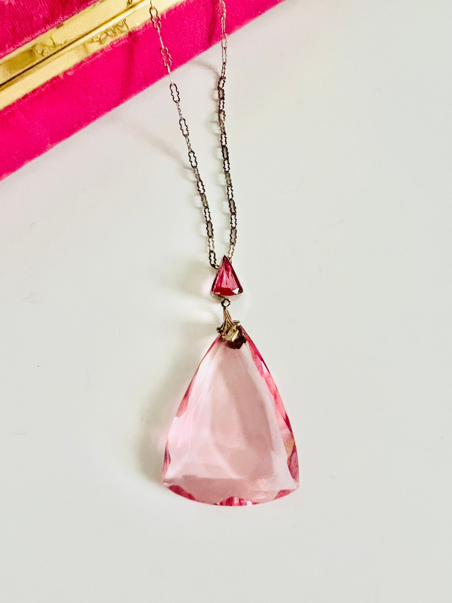 Vintage Pink Faceted Glass Triangle Pendant Necklace