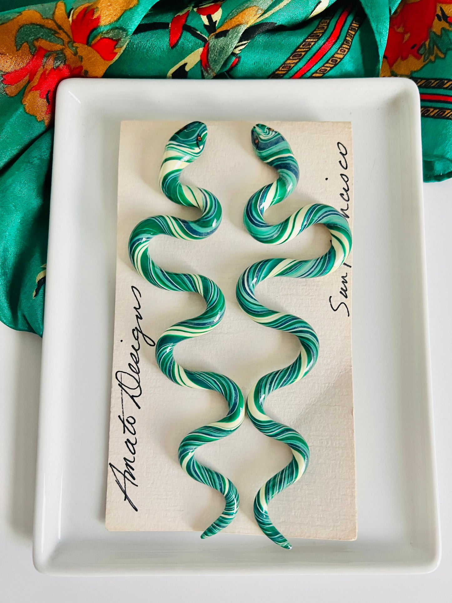 Vintage Handcrafted Slithering Snake Green Artisan Earrings
