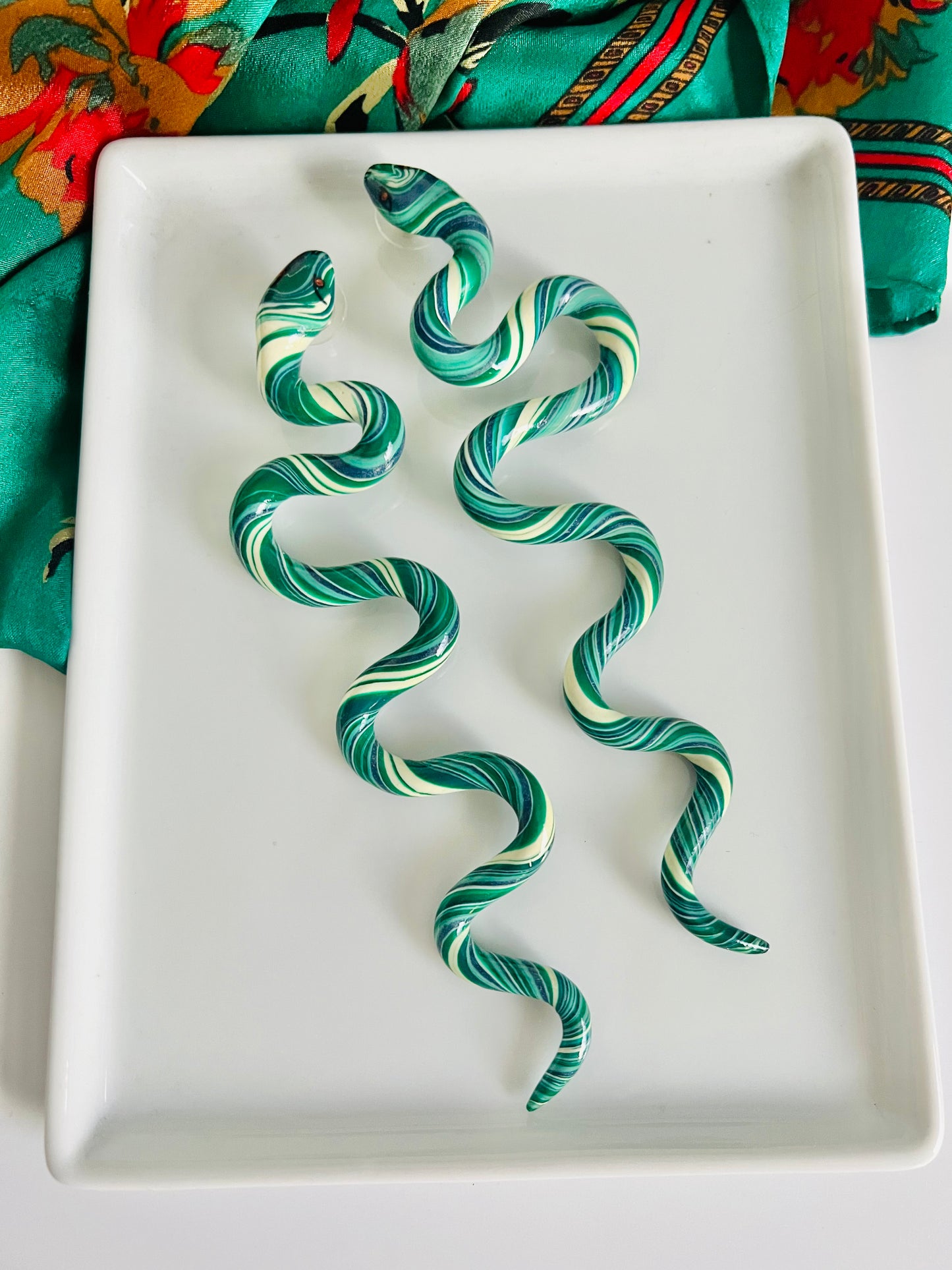 Vintage Handcrafted Slithering Snake Green Artisan Earrings