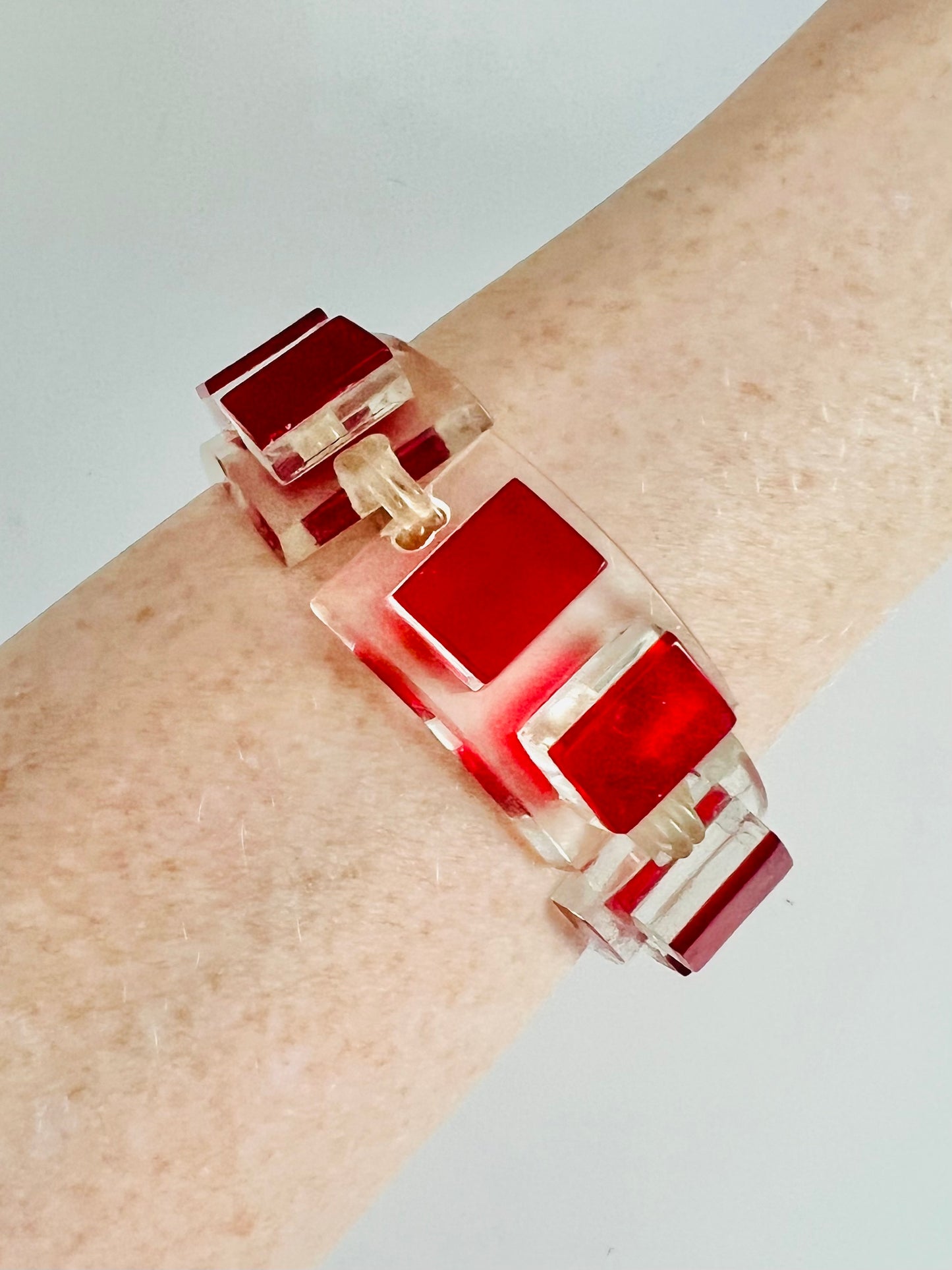 Vintage 1960s Mod Red Square Lucite Link Bracelet and Earrings