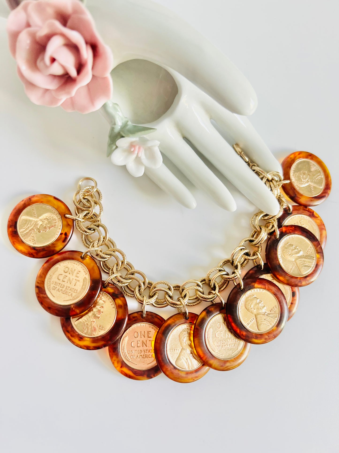 Vintage Gold Penny Acrylic Coin Charm Bracelet