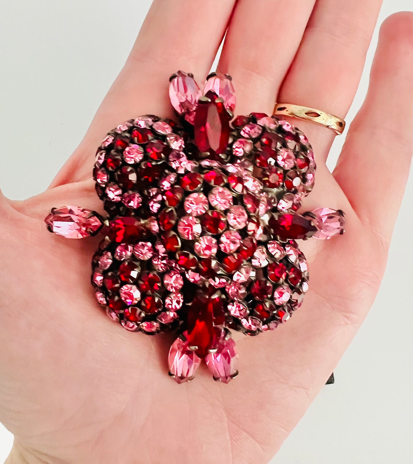 Rare Midcentury Vintage Unsigned Schreiner Pink and Red Brooch