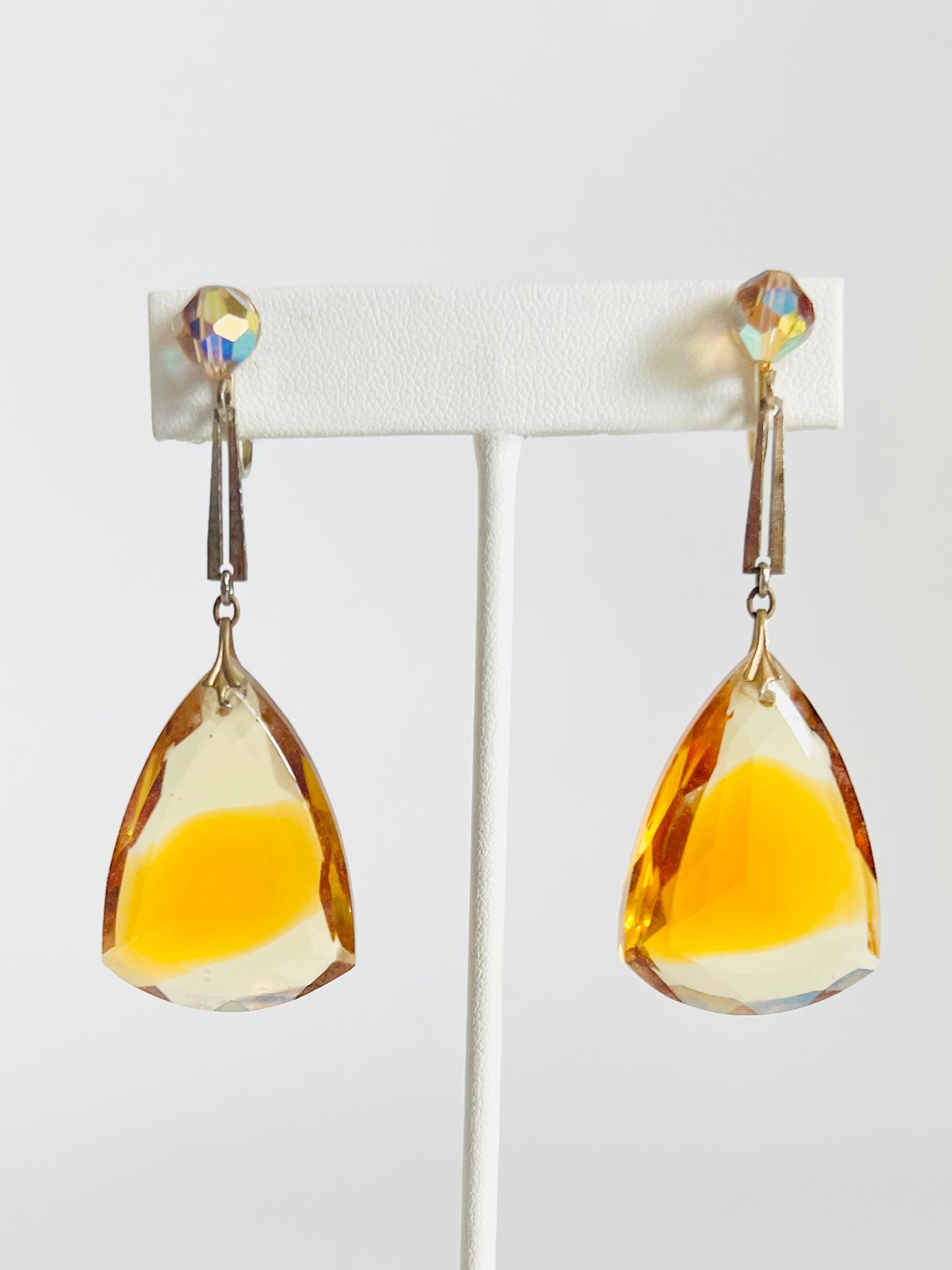 Massive 1960s Faceted Glass Drop Clip Earrings