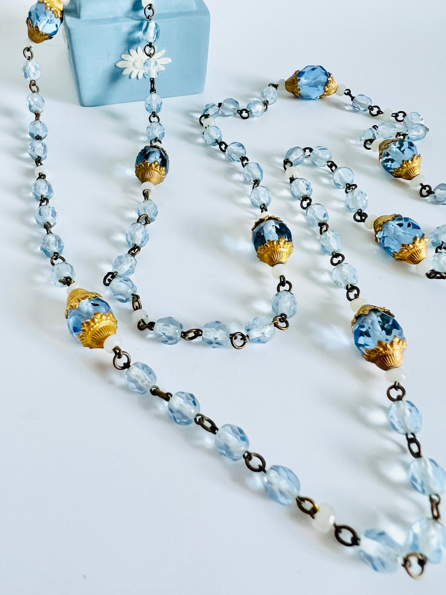 Art Deco 1930s Faceted Blue Glass Flapper Style Necklace