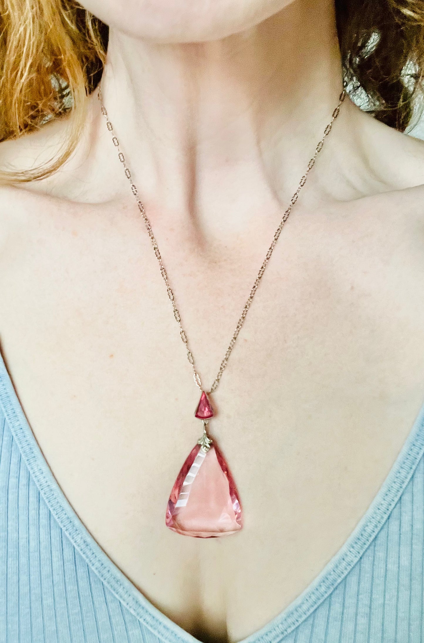 Vintage Pink Faceted Glass Triangle Pendant Necklace