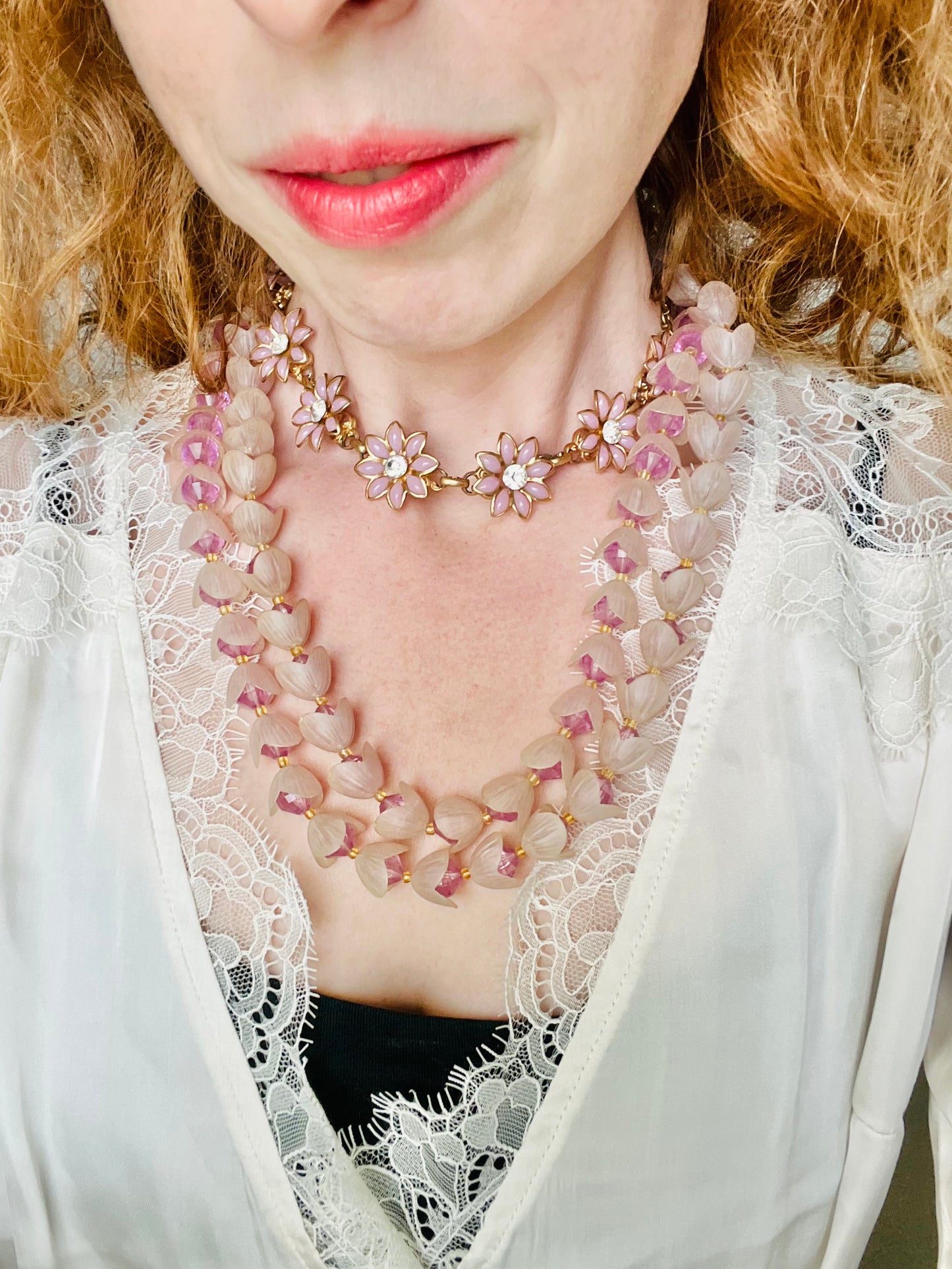 Vintage 1960s Lavender Flowers Celluloid Necklace