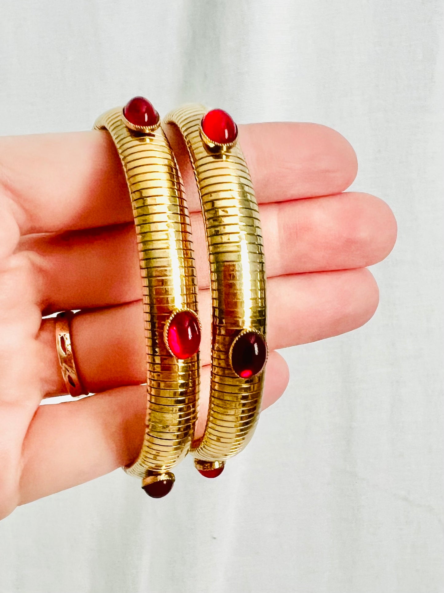 Vintage Red Glass Gold Tone Expandable Bracelets