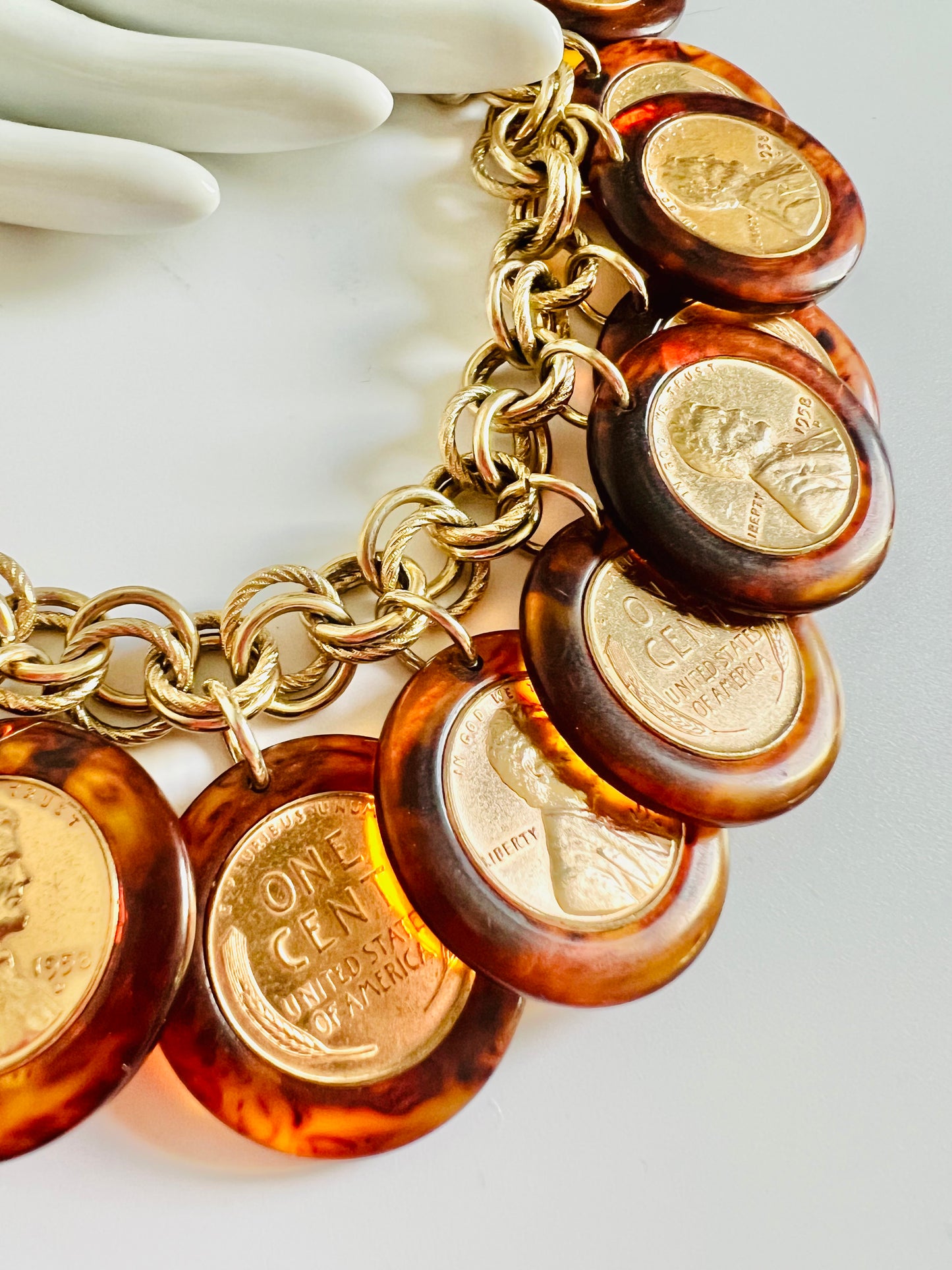 Vintage Gold Penny Acrylic Coin Charm Bracelet