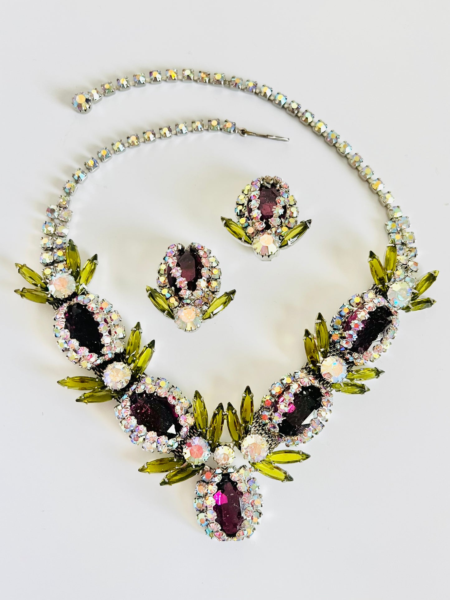 Vintage 1950s Art Glass AB Rhinestone Bib Necklace Set