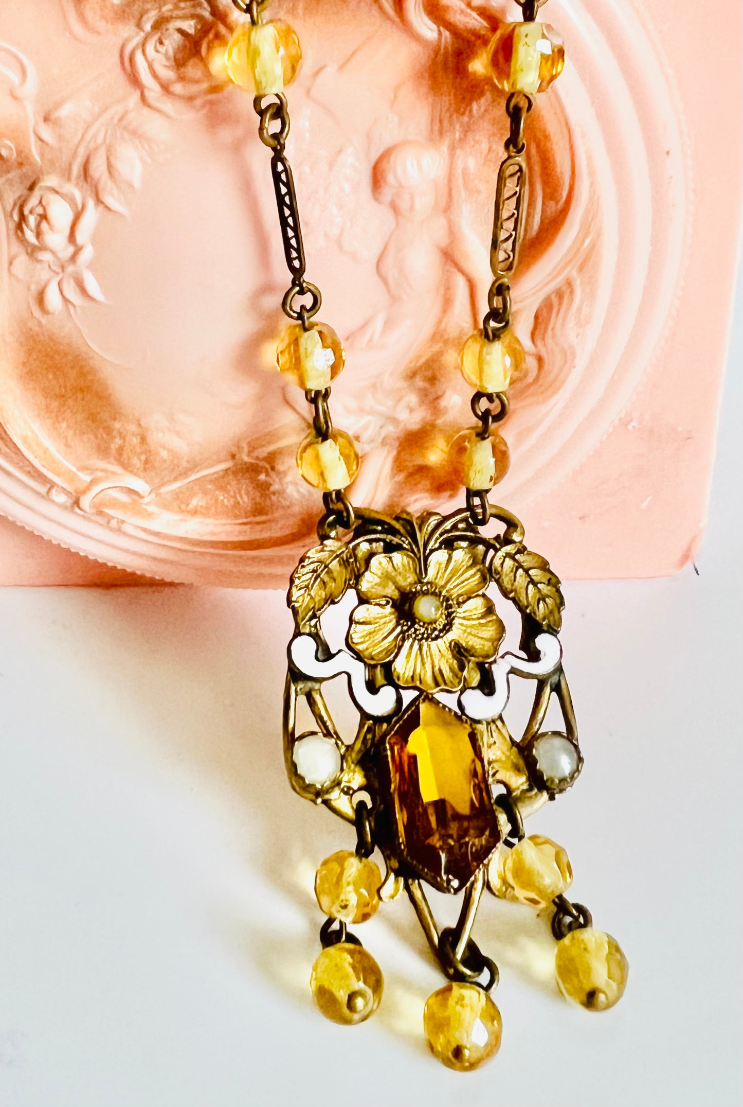 Vintage Citrine Czech Glass Enamel 1930s Necklace