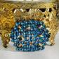 Vintage 1940s Massive Blue Glass Faceted Stones Brass Leaves Brooch Pin