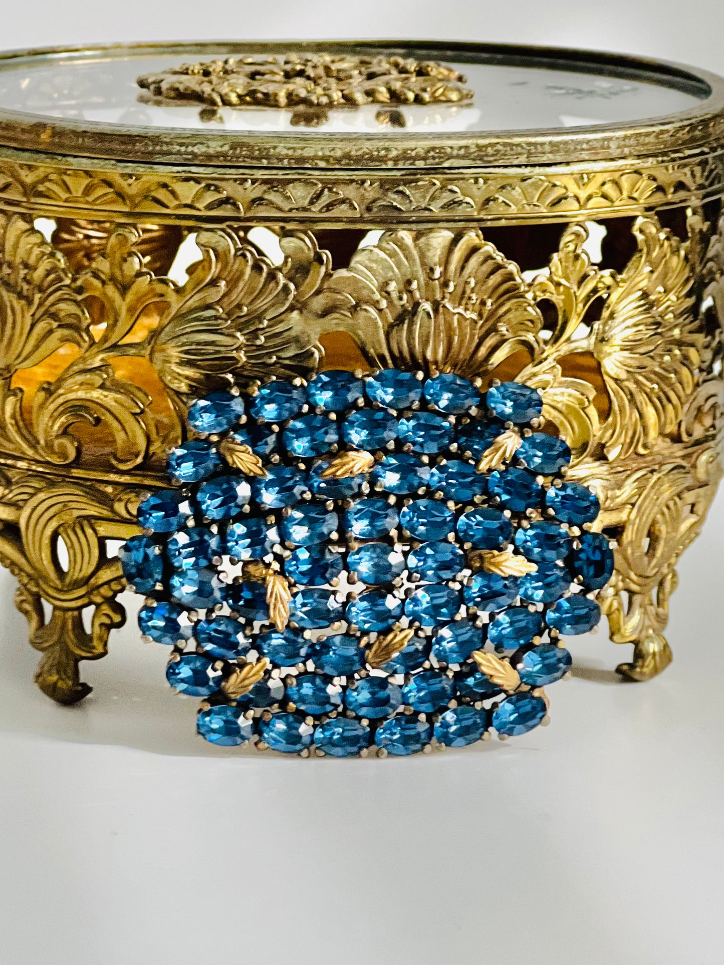 Vintage 1940s Massive Blue Glass Faceted Stones Brass Leaves Brooch Pin