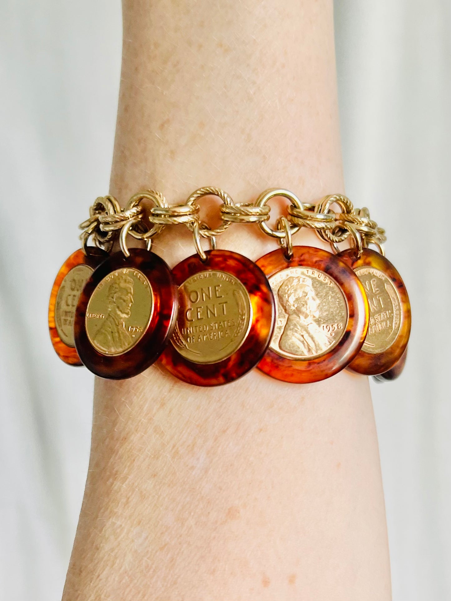 Vintage Gold Penny Acrylic Coin Charm Bracelet