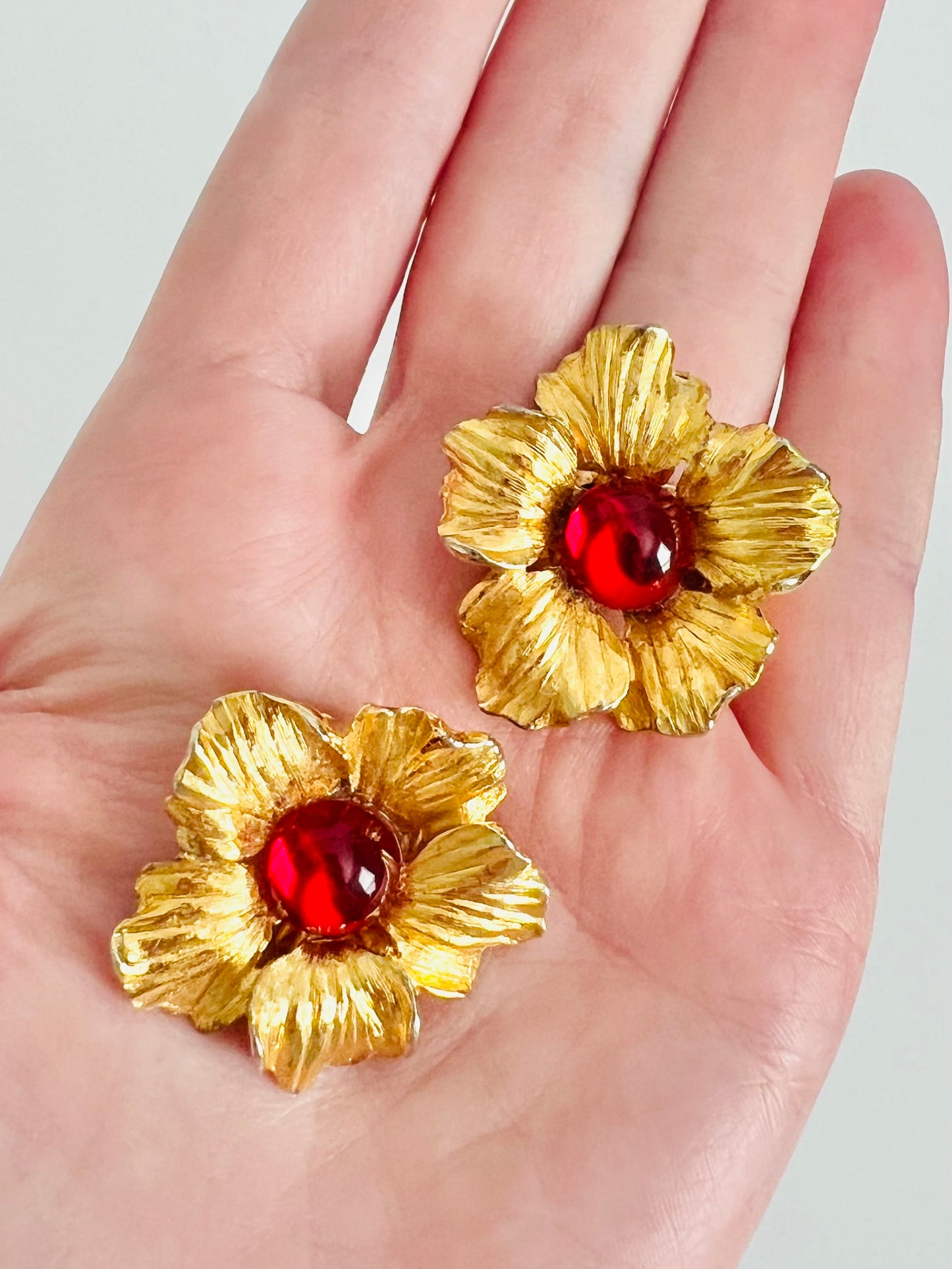 Vintage MidCentury Red Glass Gold Flower Earrings