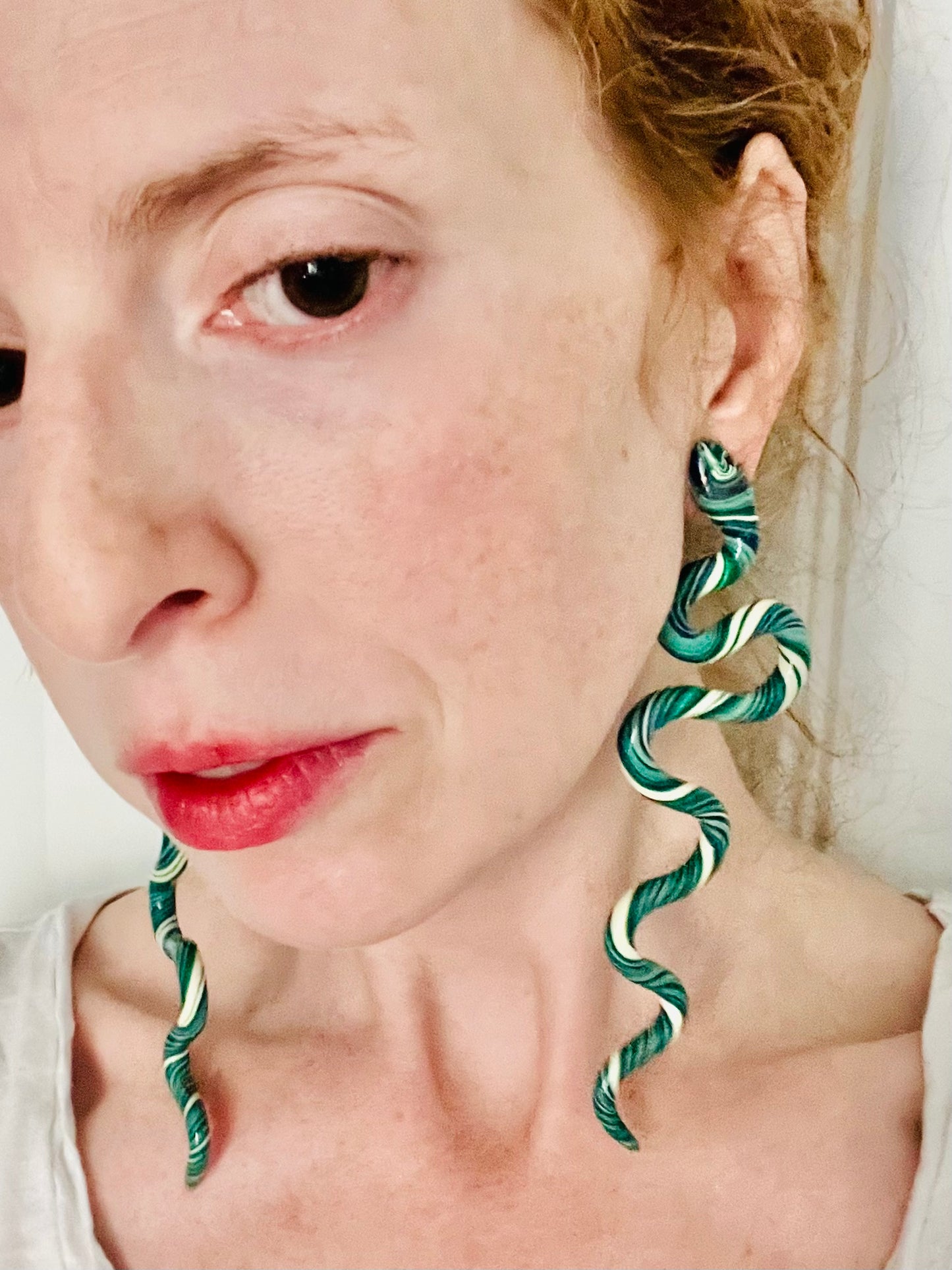 Vintage Handcrafted Slithering Snake Green Artisan Earrings