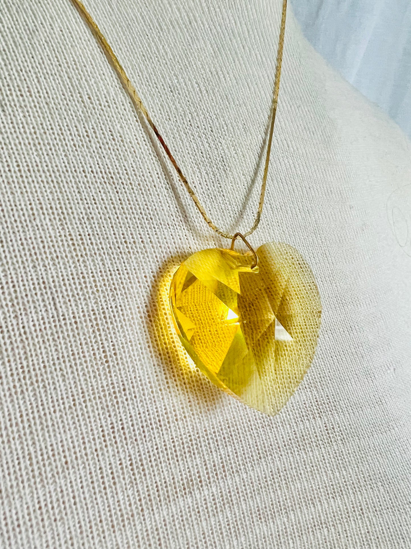 Vintage Yellow Rivoli Heart Glass Pendant Necklace