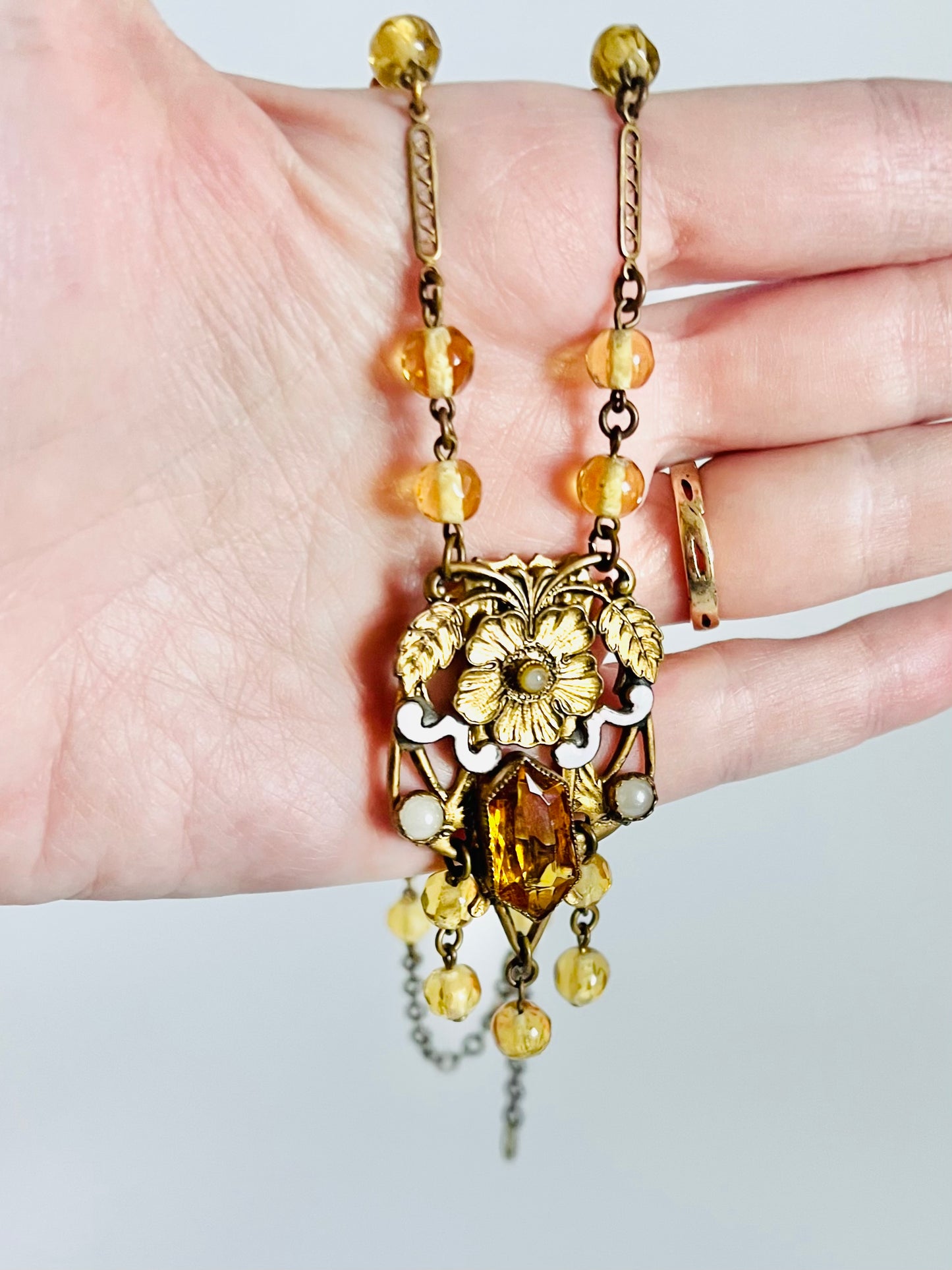 Vintage Citrine Czech Glass Enamel 1930s Necklace