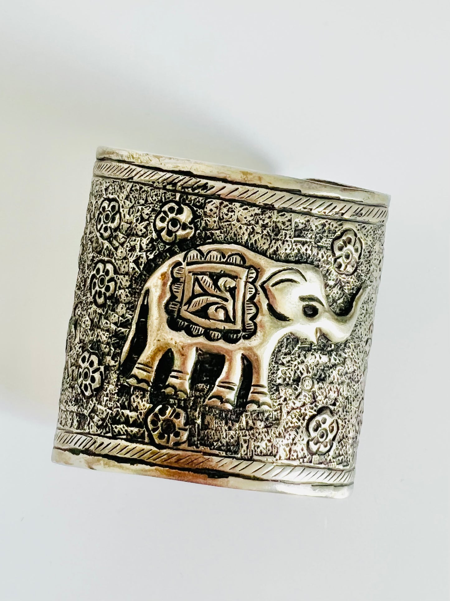 Vintage Silver Tone Elephant Wide Cuff Bracelet