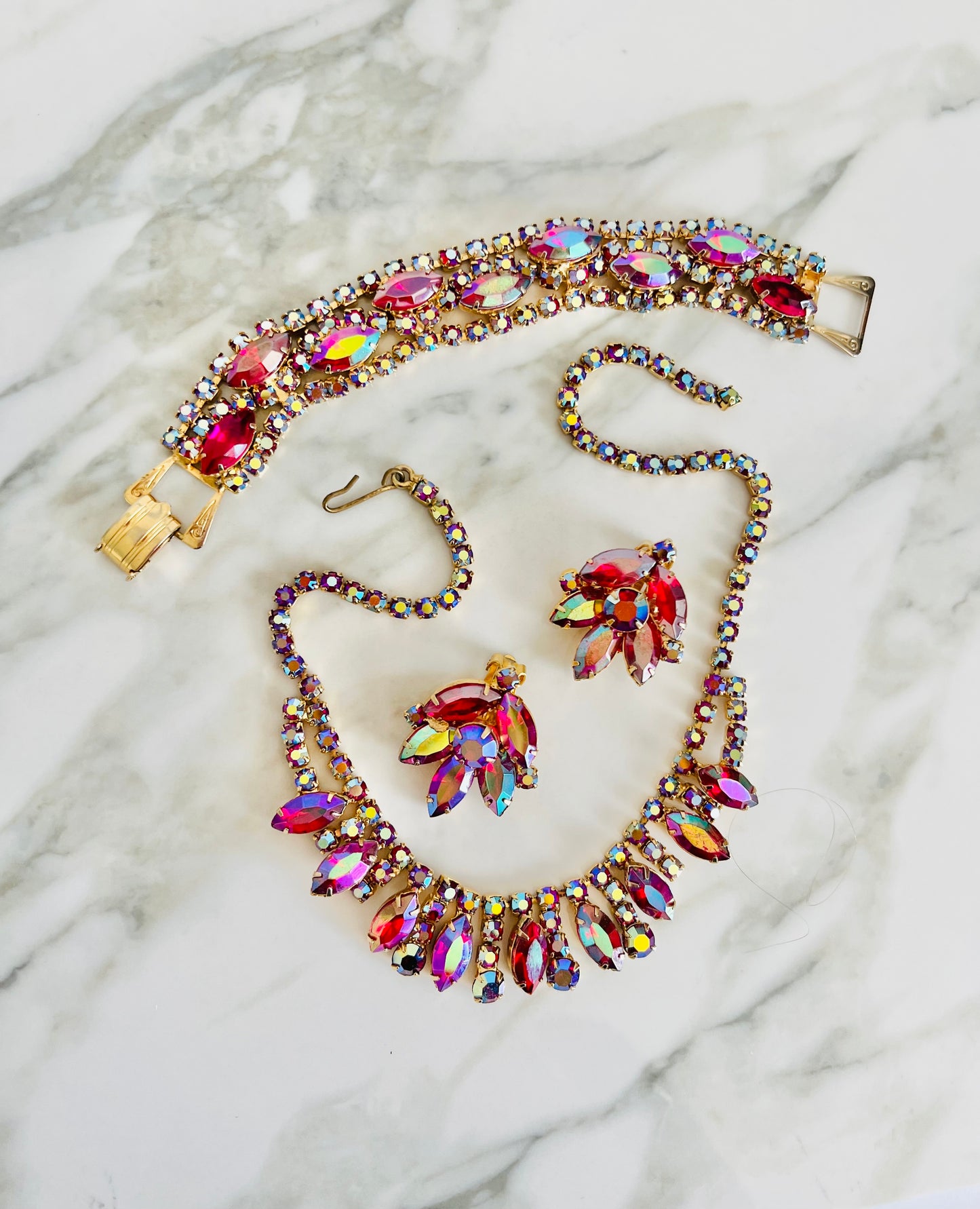 Vintage 1960s Demiparure AB Dragon’s Breath Rhinestone Necklace Set