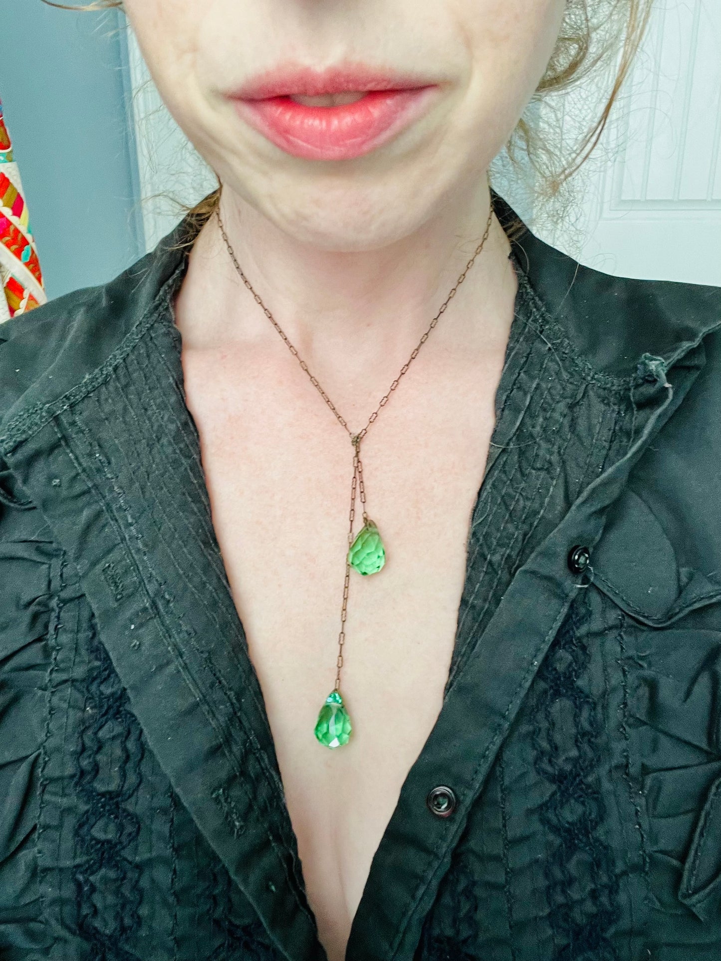 Art Deco Green Czech Faceted Glass Teardrop Lariat Necklace