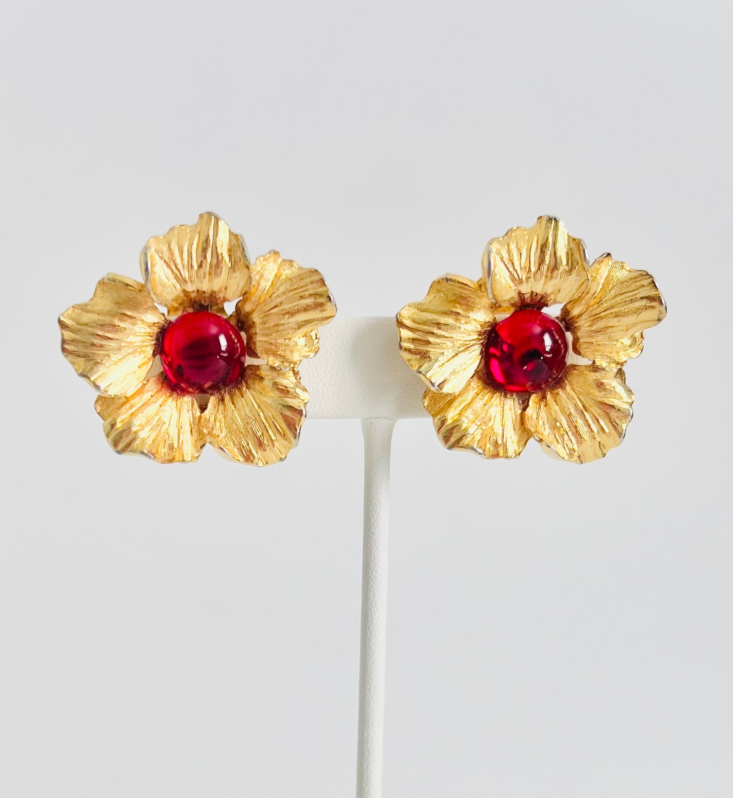 Vintage MidCentury Red Glass Gold Flower Earrings