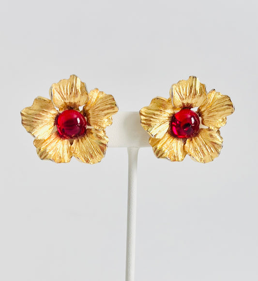 Vintage MidCentury Red Glass Gold Flower Earrings