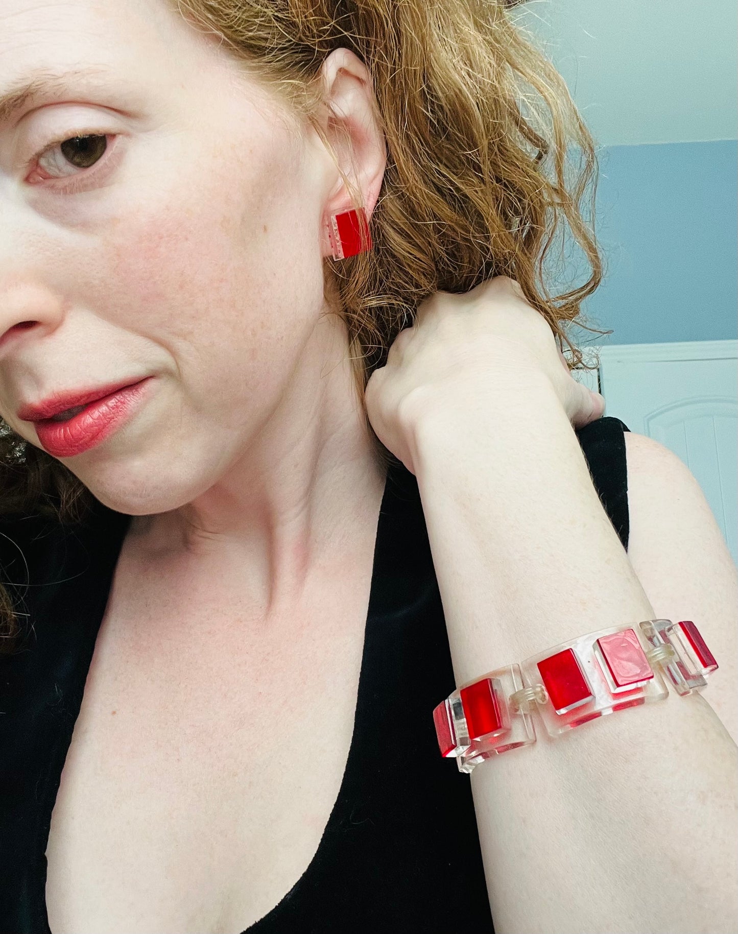 Vintage 1960s Mod Red Square Lucite Link Bracelet and Earrings