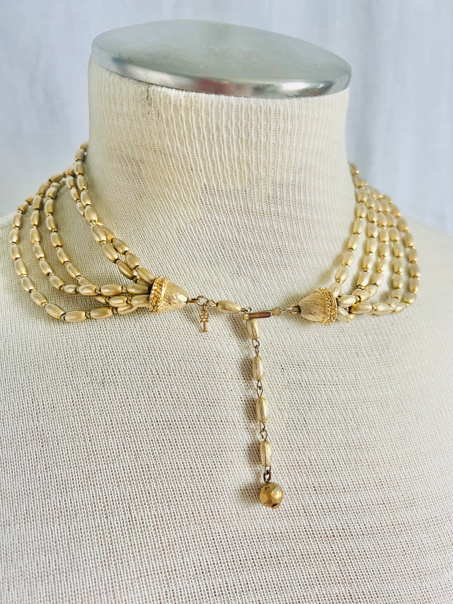 Vintage Trifari Gold Beaded MidCentury 5 Strand Bib Necklace