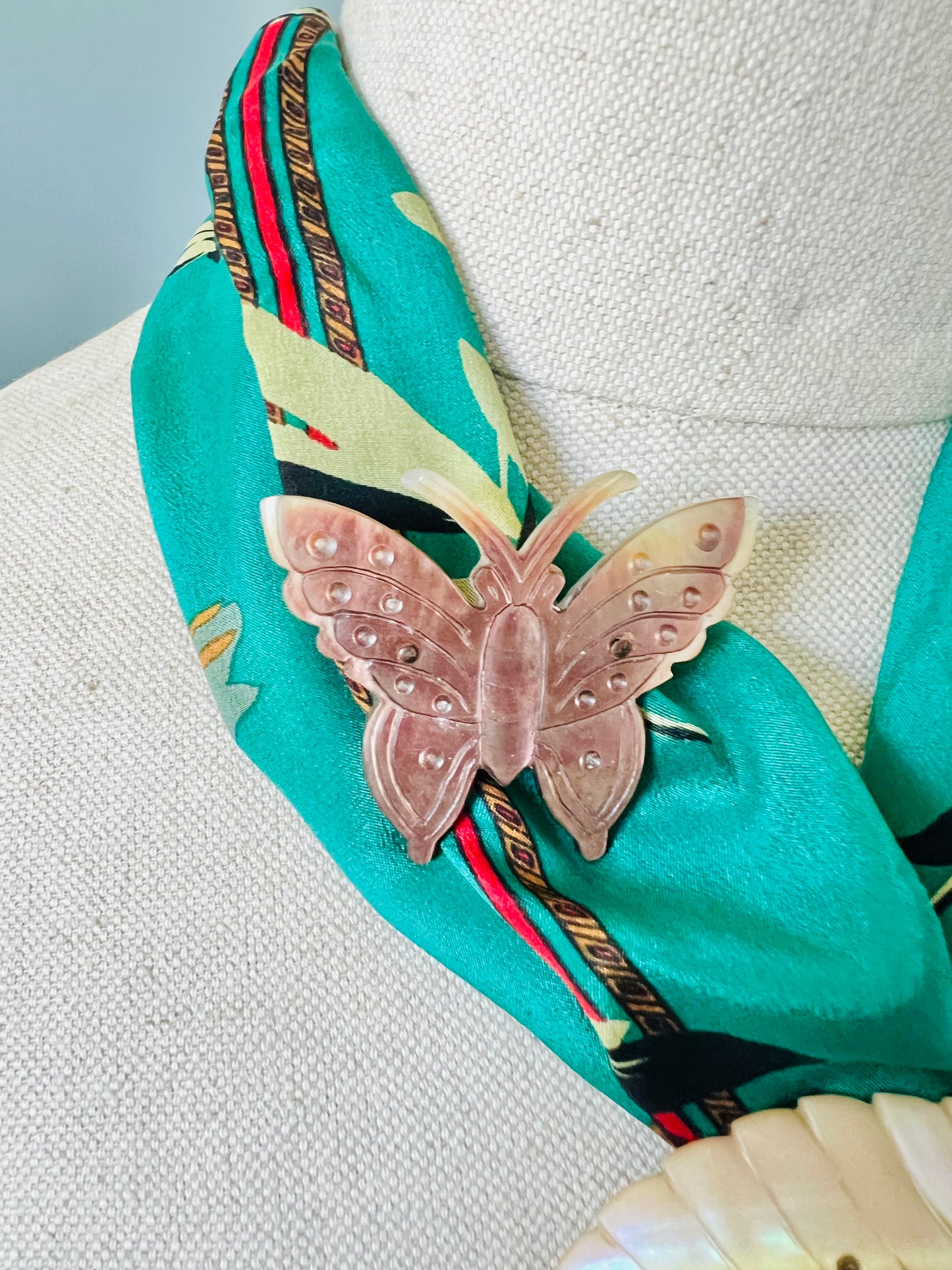 Vintage 1940s Carved Mother of Pearl Butterfly Brooch Pin