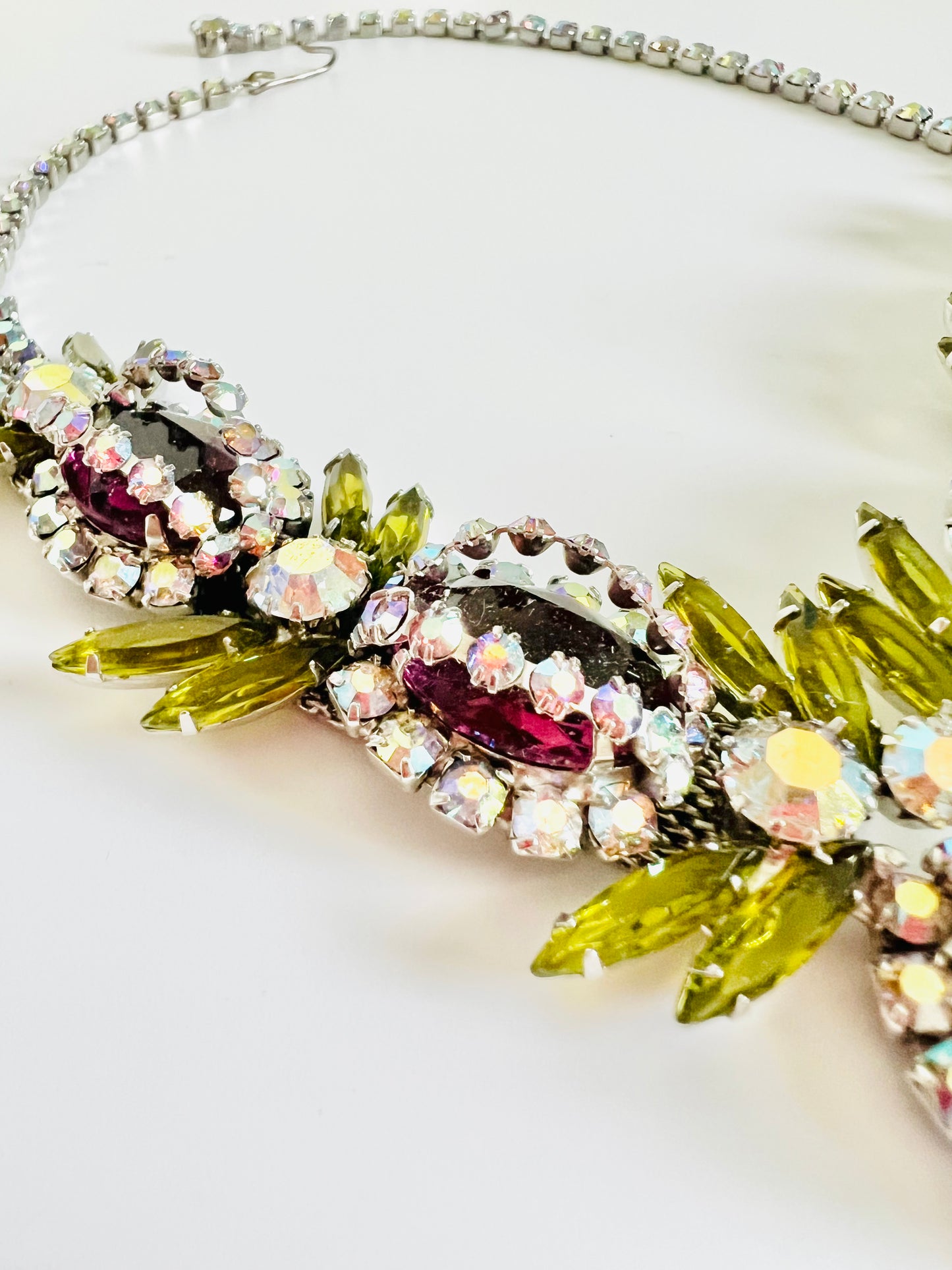 Vintage 1950s Art Glass AB Rhinestone Bib Necklace Set