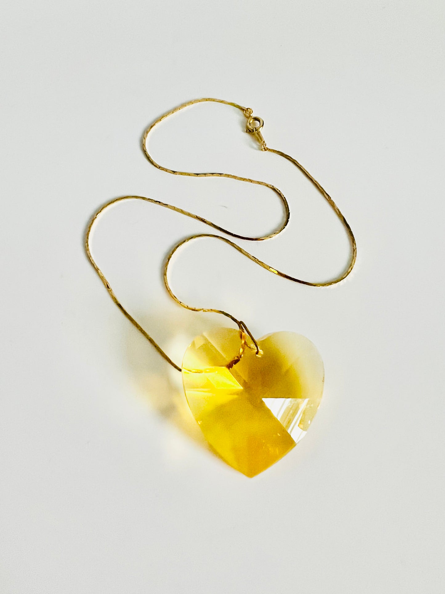 Vintage Yellow Rivoli Heart Glass Pendant Necklace