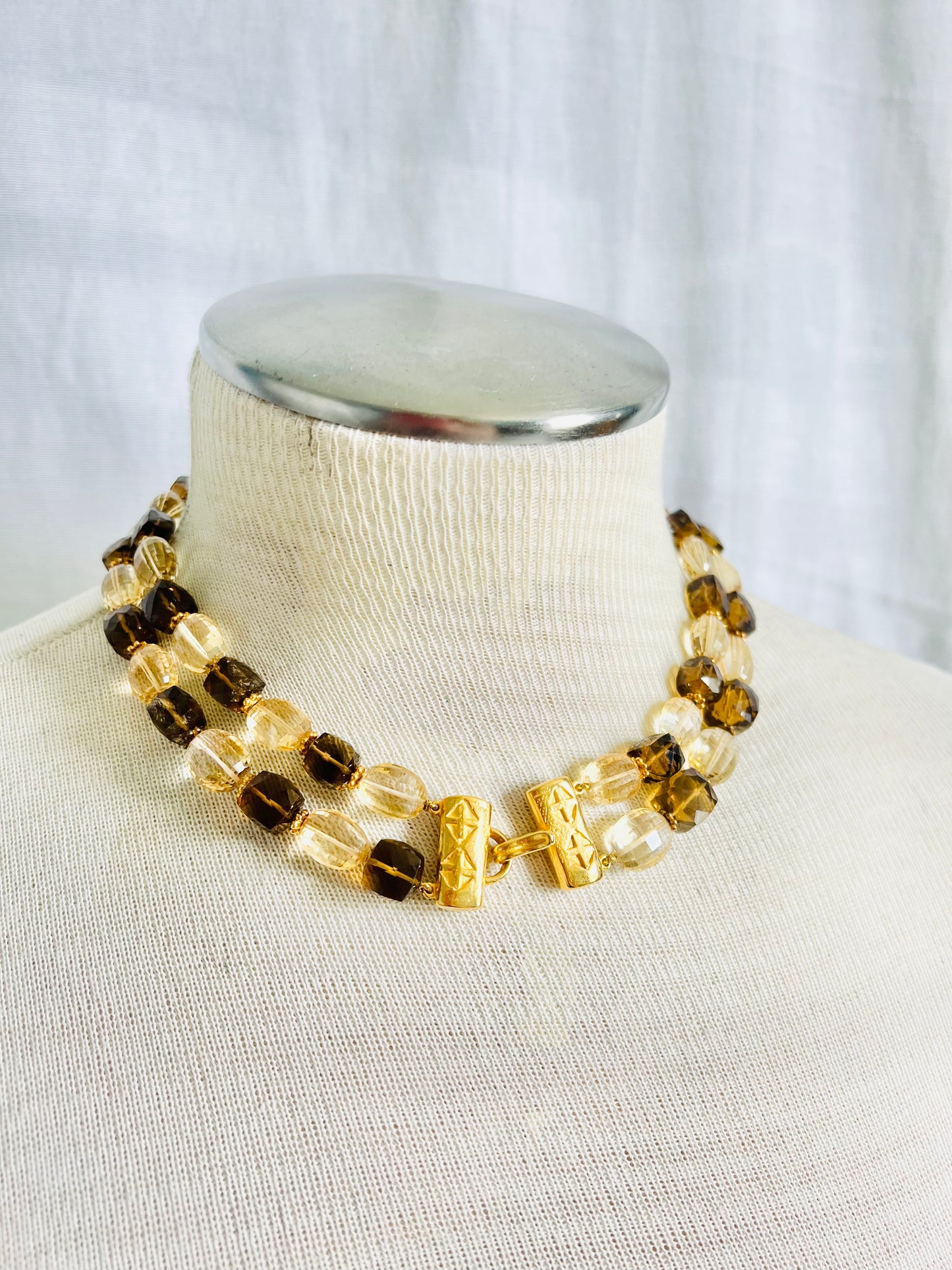 Vintage Faceted Citrine and Smokey Quartz Double Strand Necklace