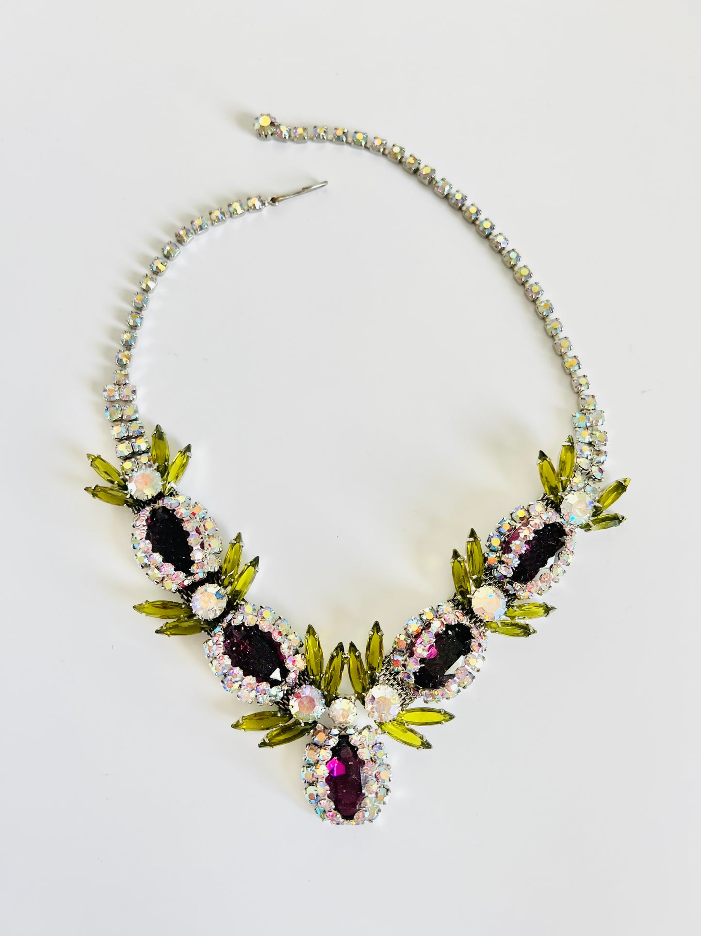 Vintage 1950s Art Glass AB Rhinestone Bib Necklace Set