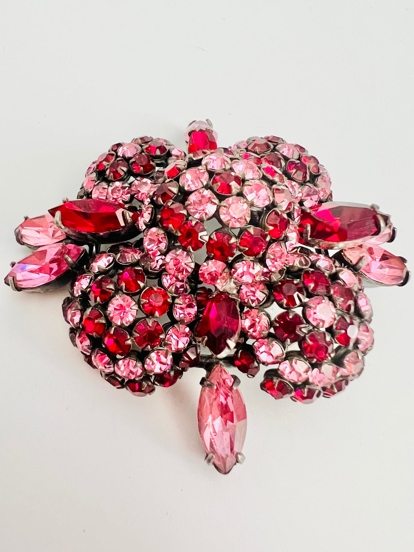 Rare Midcentury Vintage Unsigned Schreiner Pink and Red Brooch