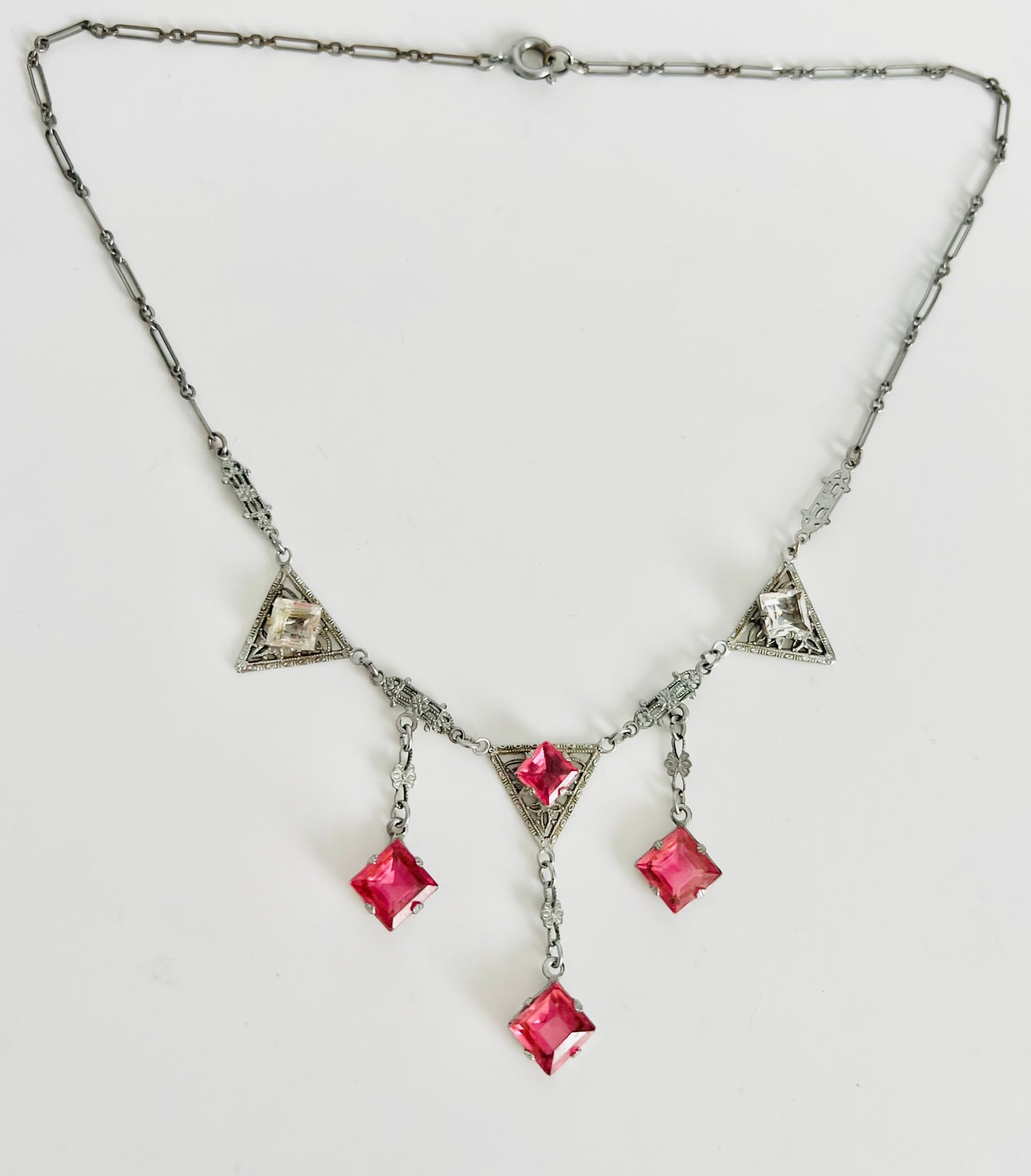 Stunning Art Deco Pink Faceted Glass Silver Chain Necklace