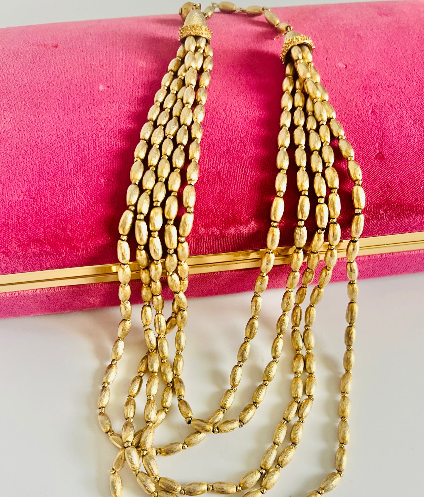 Vintage Trifari Gold Beaded MidCentury 5 Strand Bib Necklace