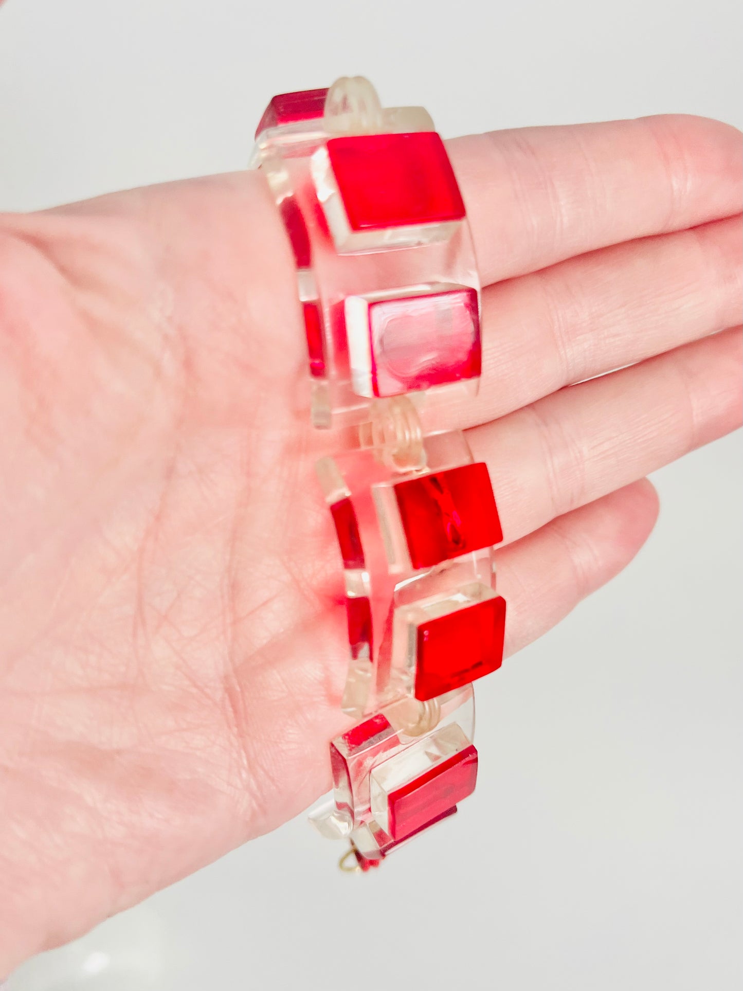 Vintage 1960s Mod Red Square Lucite Link Bracelet and Earrings