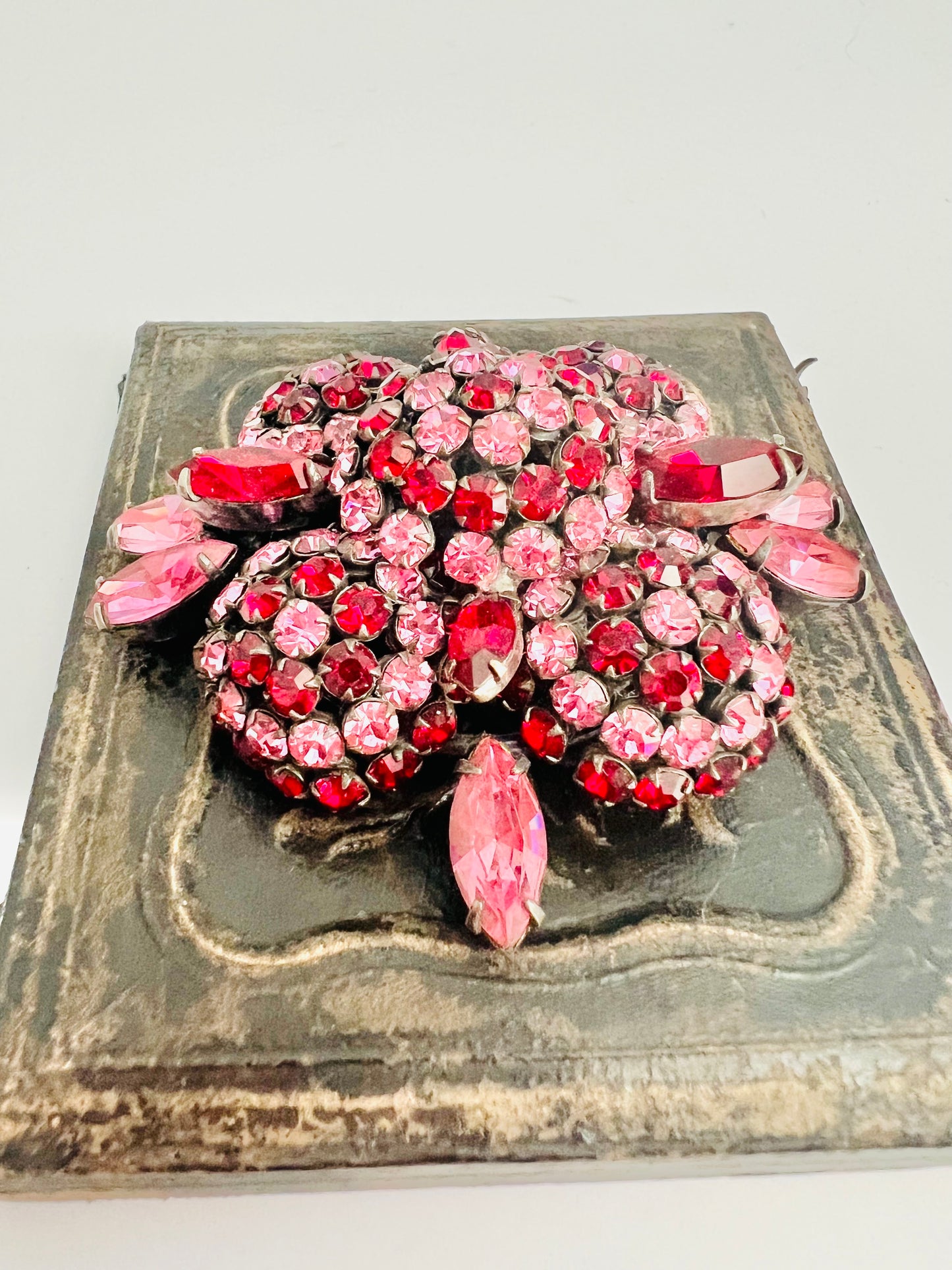 Rare Midcentury Vintage Unsigned Schreiner Pink and Red Brooch