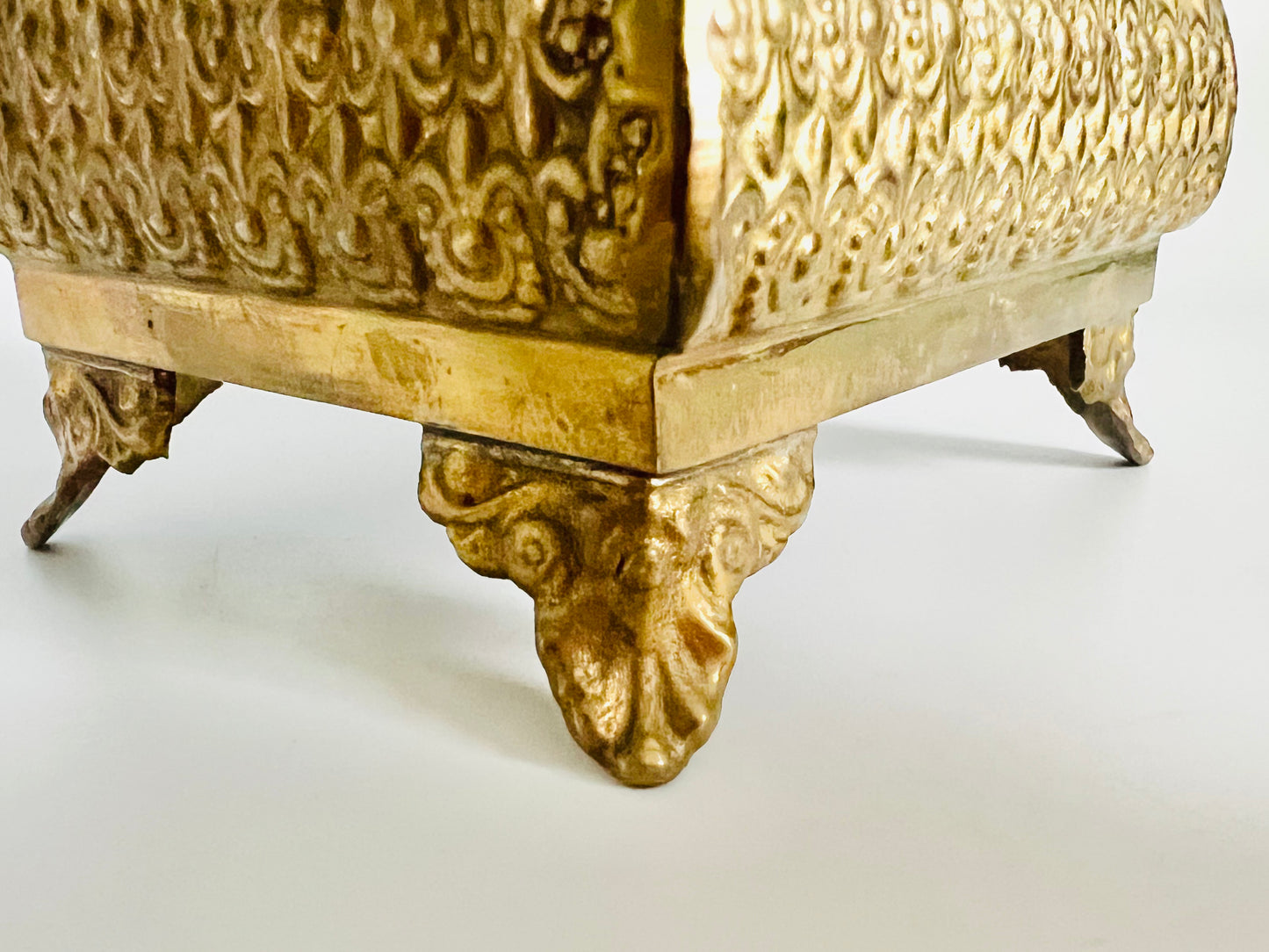 Vintage Midcentury Heavy Brass Keepsake Box with Ornate Feet