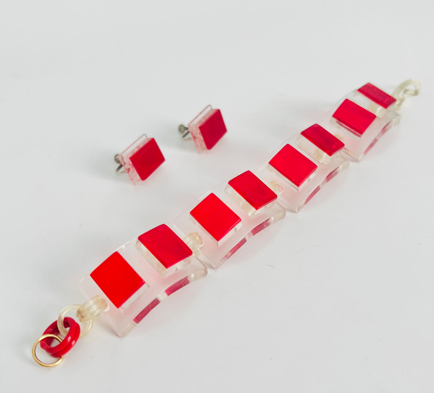 Vintage 1960s Mod Red Square Lucite Link Bracelet and Earrings