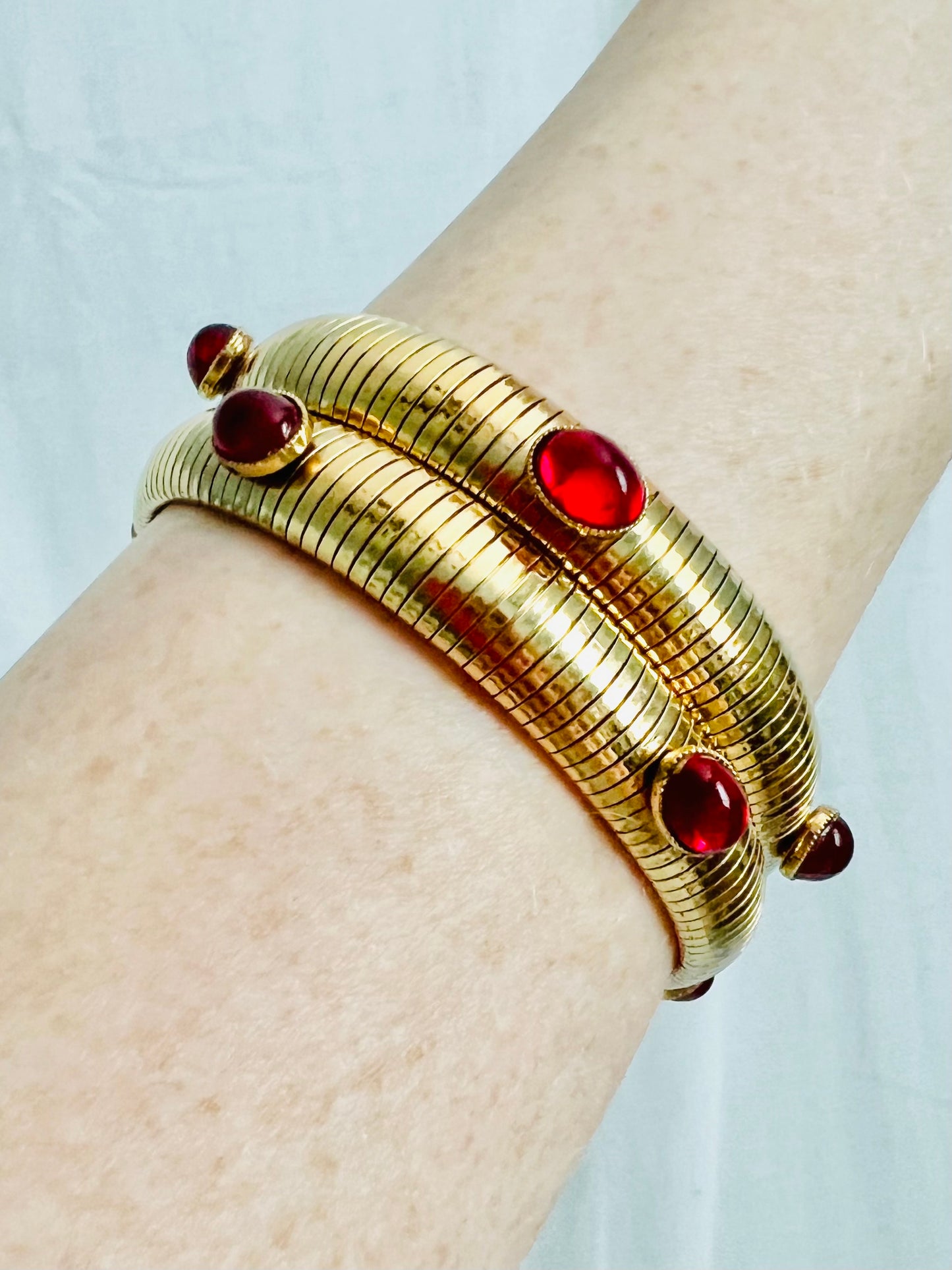 Vintage Red Glass Gold Tone Expandable Bracelets