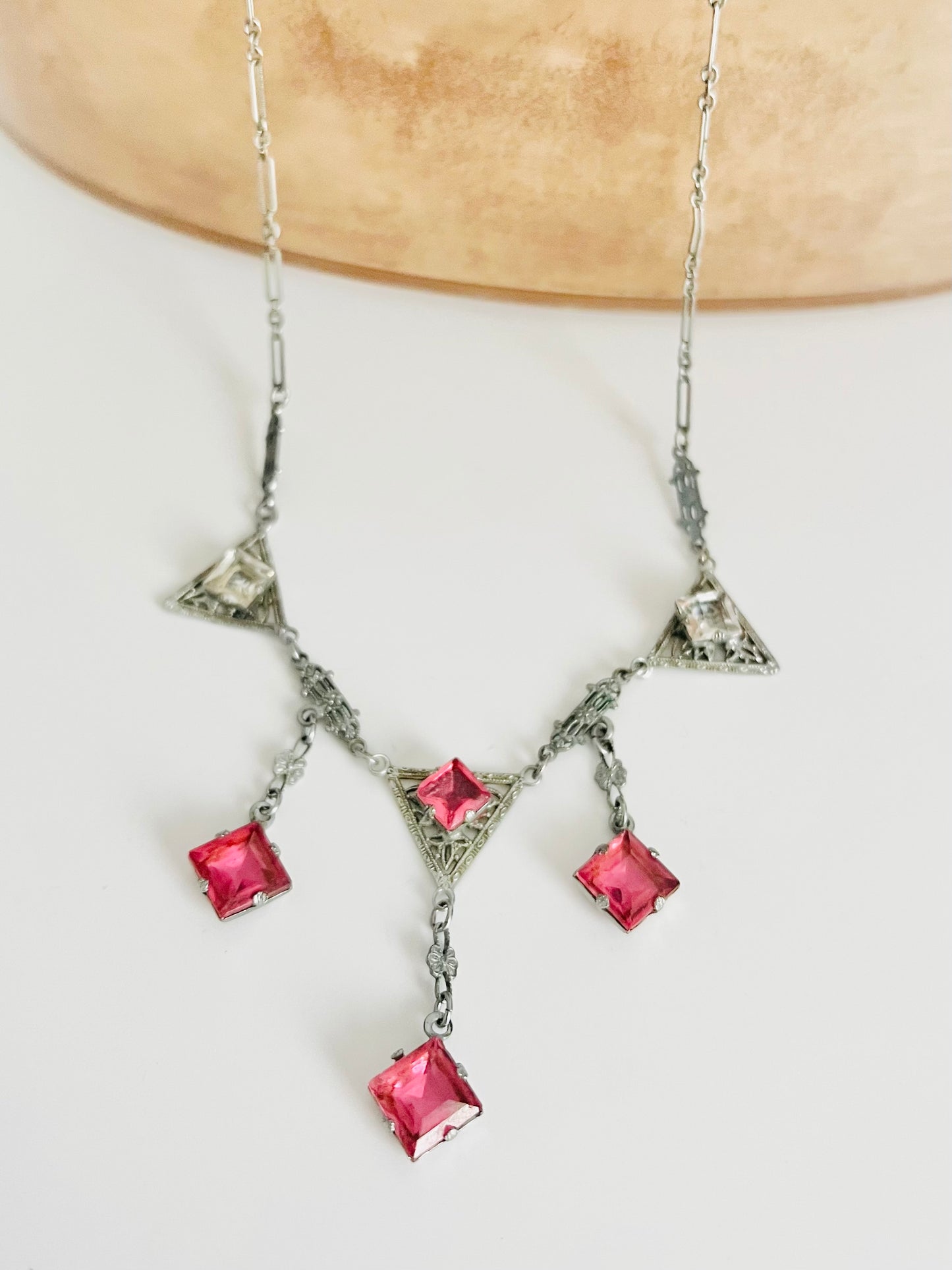 Stunning Art Deco Pink Faceted Glass Silver Chain Necklace