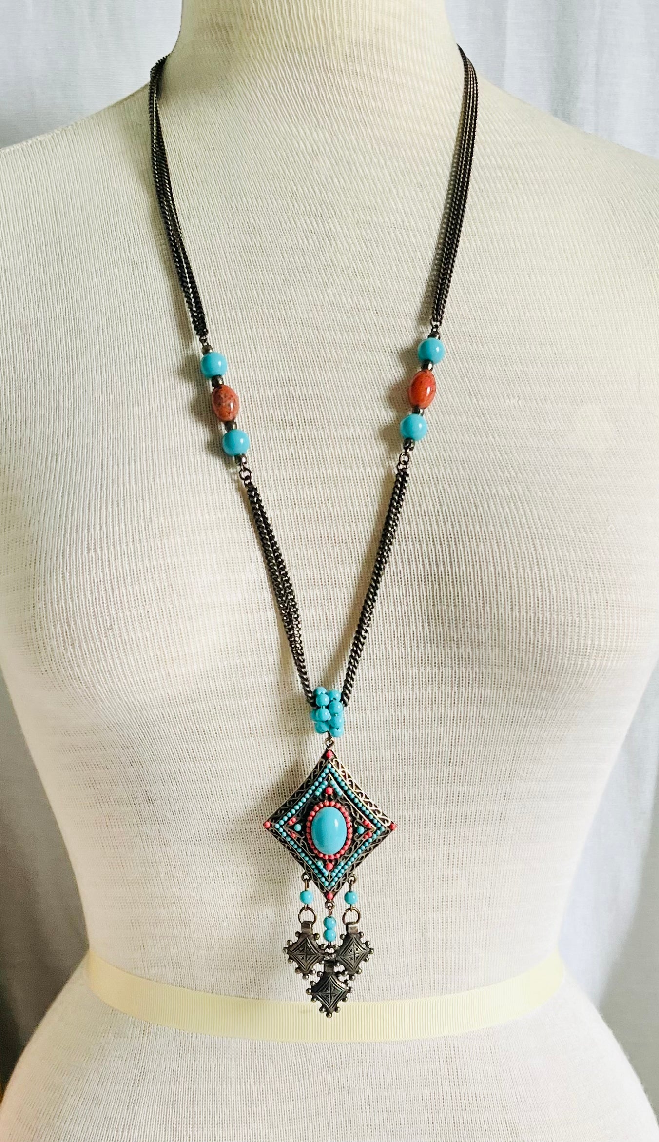 Vintage 1970s Signed Hobe Faux Turquoise and Coral Necklace