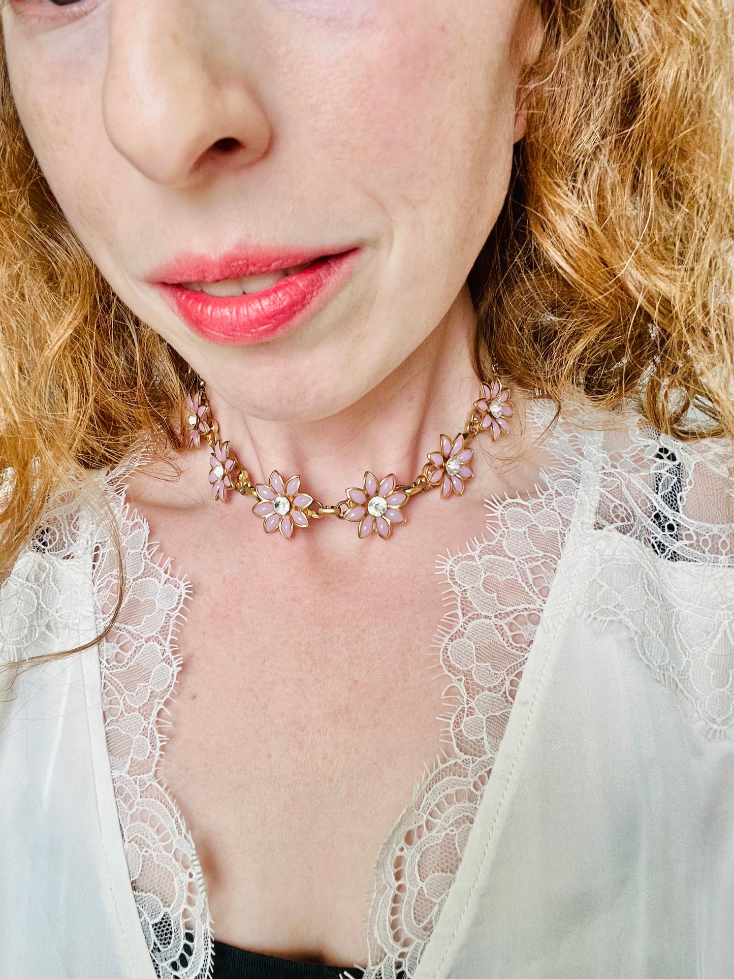Vintage 1960s Lavender Flowers Celluloid Necklace