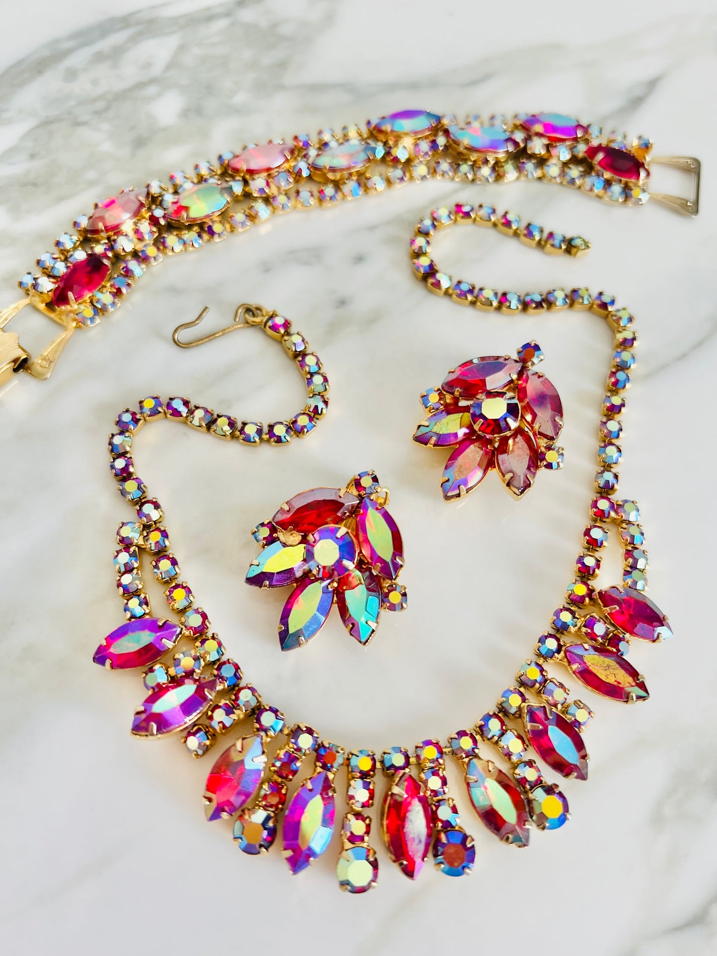 Vintage 1960s Demiparure AB Dragon’s Breath Rhinestone Necklace Set