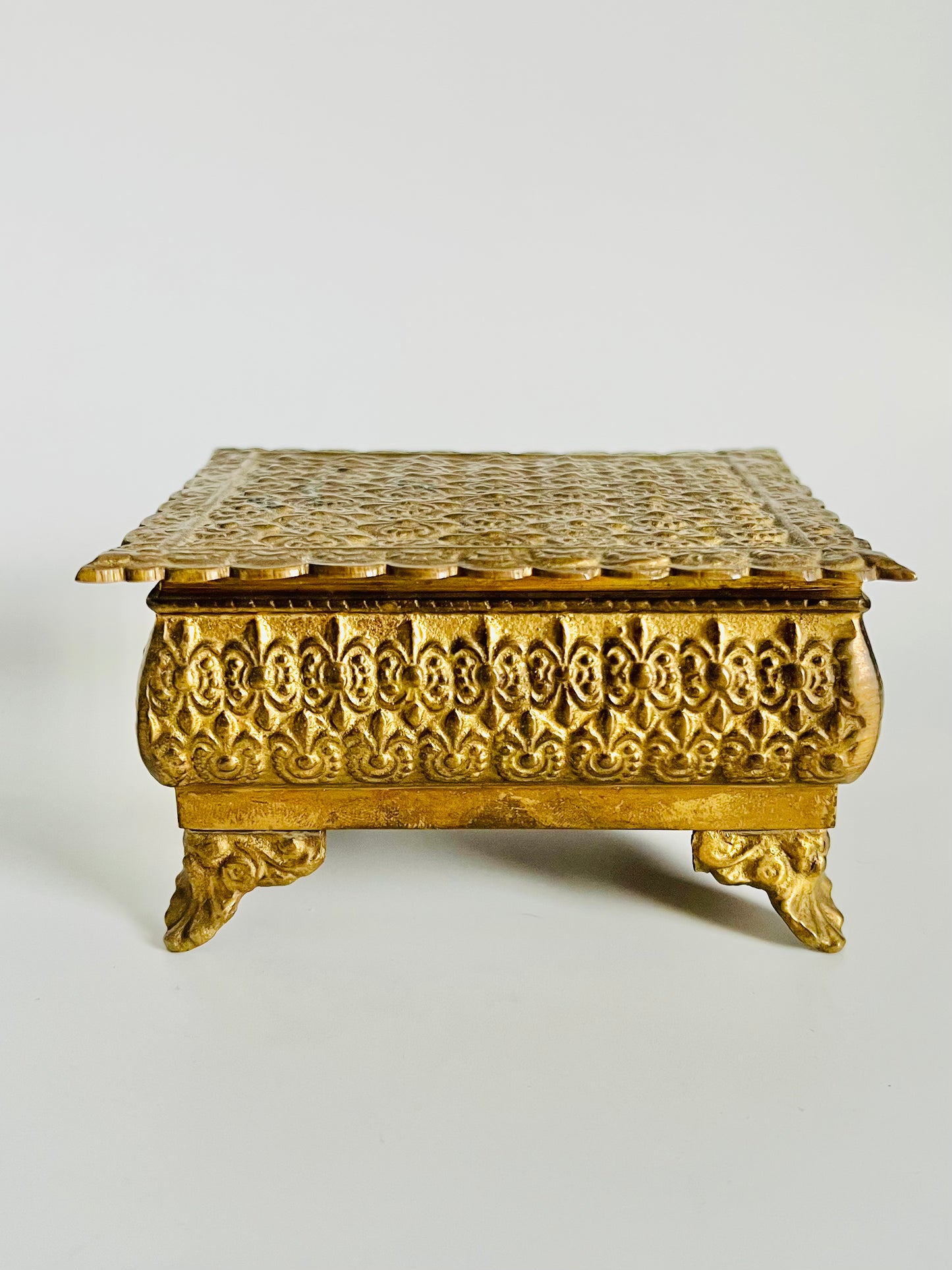 Vintage Midcentury Heavy Brass Keepsake Box with Ornate Feet