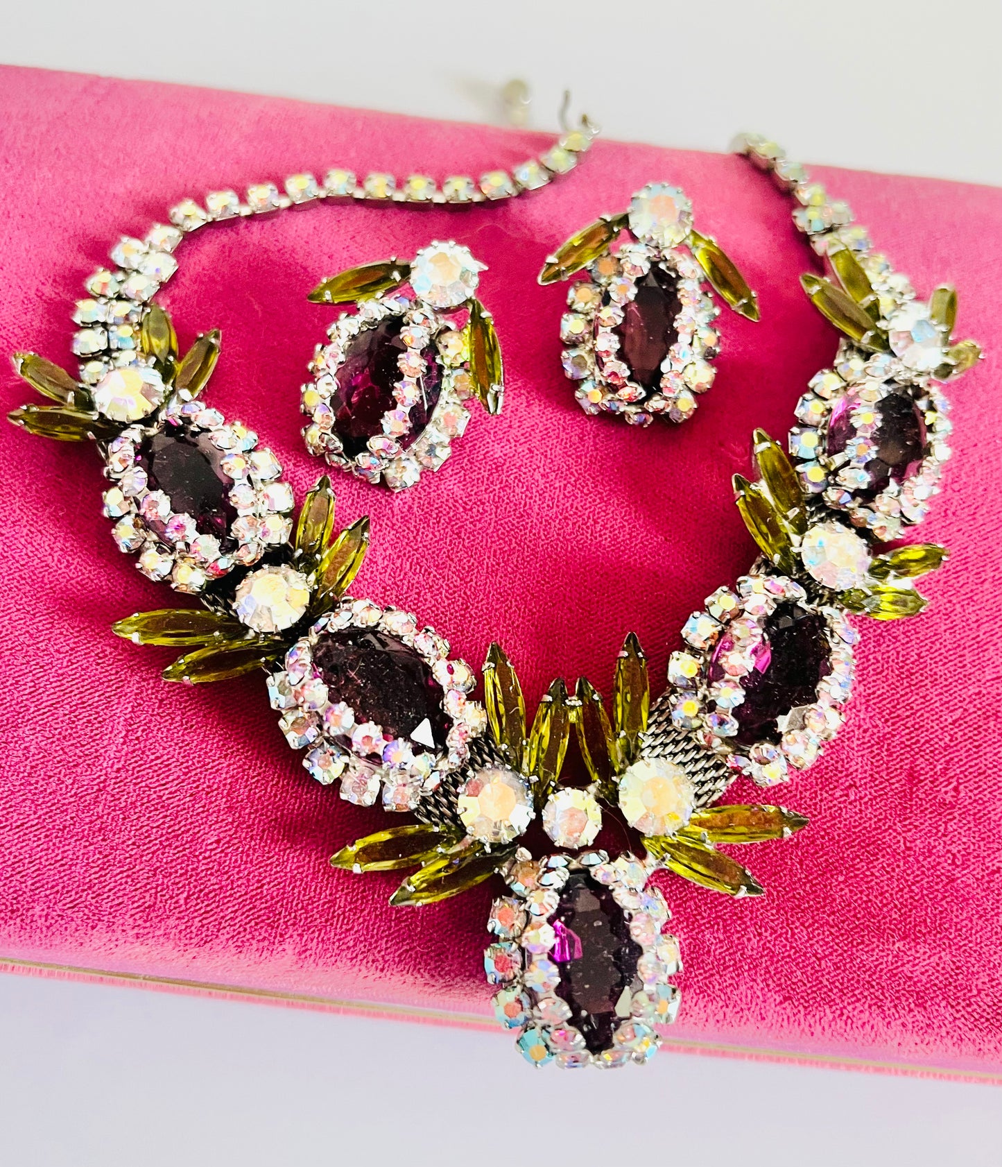 Vintage 1950s Art Glass AB Rhinestone Bib Necklace Set